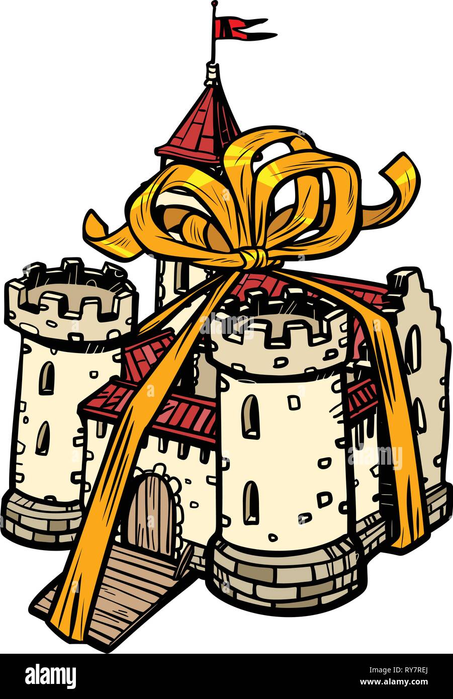 Ruban cadeau château médiéval, royaume des fées. isoler sur fond blanc Illustration de Vecteur