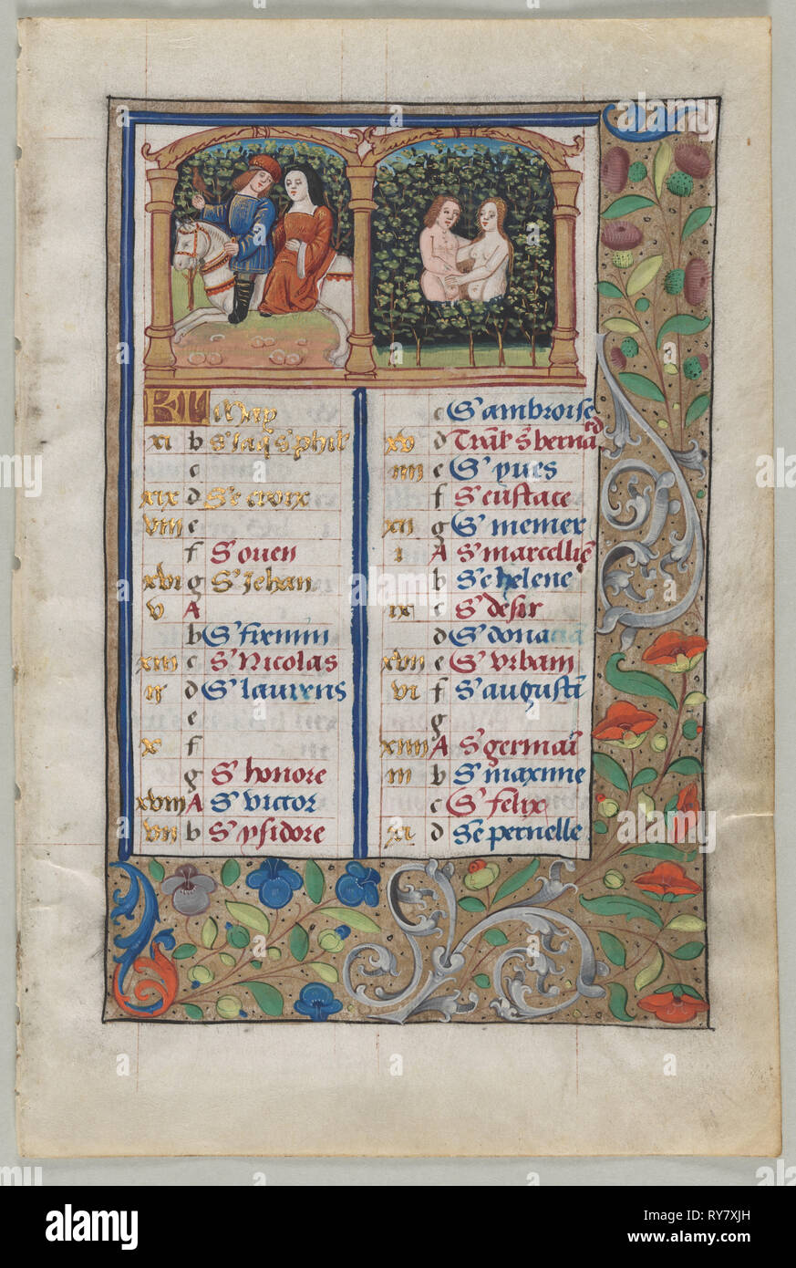 Feuille d'un livre d'heures : page de calendrier pour mai (recto) et Page de calendrier pour le mois de juin (verso) (2 de 3 feuilles excisées), ch. 1510. France, Rouen, 16ème siècle. Encre, tempera et or liquide sur du vélin ; feuille : 18,1 x 12,9 cm (7 1/8 x 5 1/16 in Banque D'Images