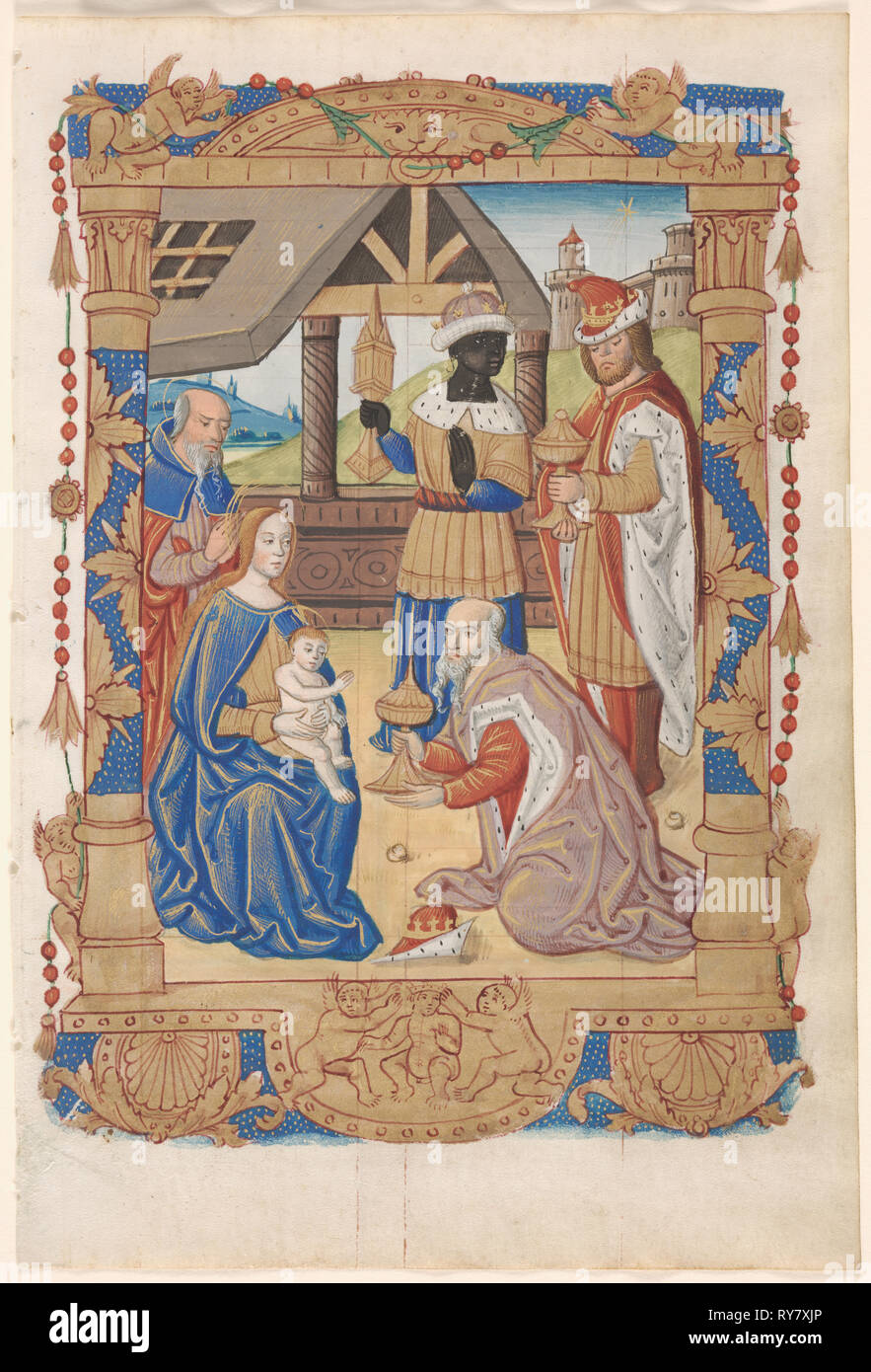 Feuille d'un livre d'heures : l'Adoration des Mages (recto) et du texte avec l'Illustre Border (verso) (3 de 3 feuilles excisées), ch. 1510. France, Rouen, 16ème siècle. Encre, tempera et or liquide sur du vélin ; feuille : 19,5 x 13 cm (7 11/16 x 5 1/8 in Banque D'Images