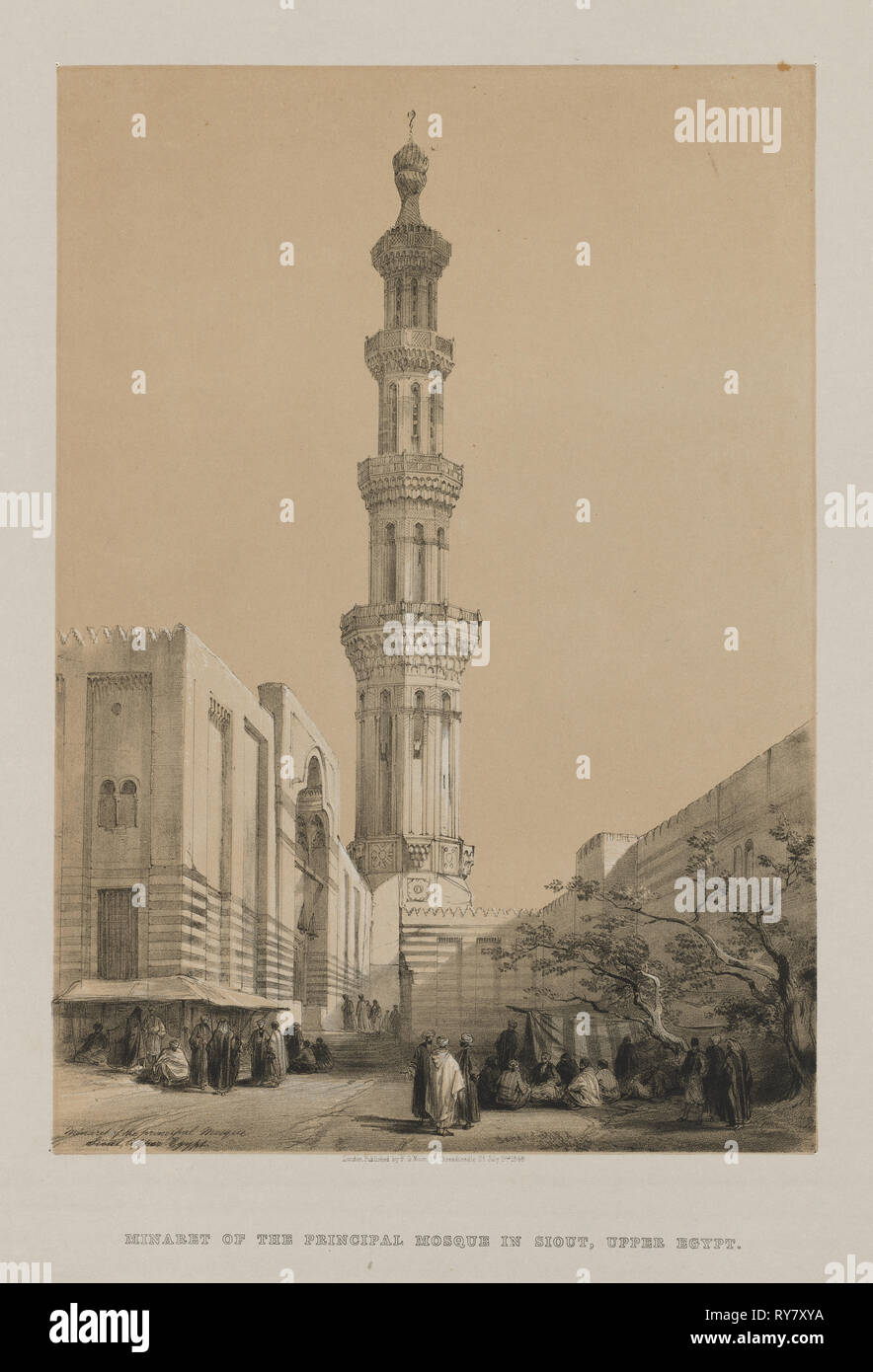 L'Egypte et la Nubie, Volume III : Minaret de la mosquée principale, Siout Haute Égypte, 1849. Louis Haghe (britannique, 1806-1885), F.G.Lune, 20 Threadneedle Street, Londres, après que David Roberts (1796-1864), britannique. Lithographie couleur ; feuille : 44,9 x 43,5 cm (17 11/16 x 17 1/8 in.) ; image : 34,2 x 24 cm (13 x 7/16 9 7/16 po Banque D'Images