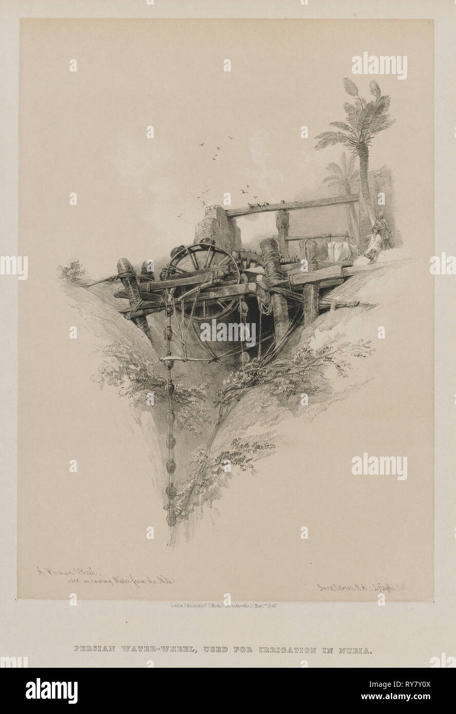 L'Egypte et la Nubie, Volume II : UNE ROUE persane, utilisé pour sensibiliser l'eau du Nil, 1847. Louis Haghe (britannique, 1806-1885), F.G.Lune, 20 Threadneedle Street, Londres, après que David Roberts (1796-1864), britannique. Lithographie couleur ; feuille : 40,9 x 40,5 cm (16 1/8 x 15 15/16 po.) ; image : 35,3 x 25,3 cm (13 7/8 x 9 15/16 in Banque D'Images
