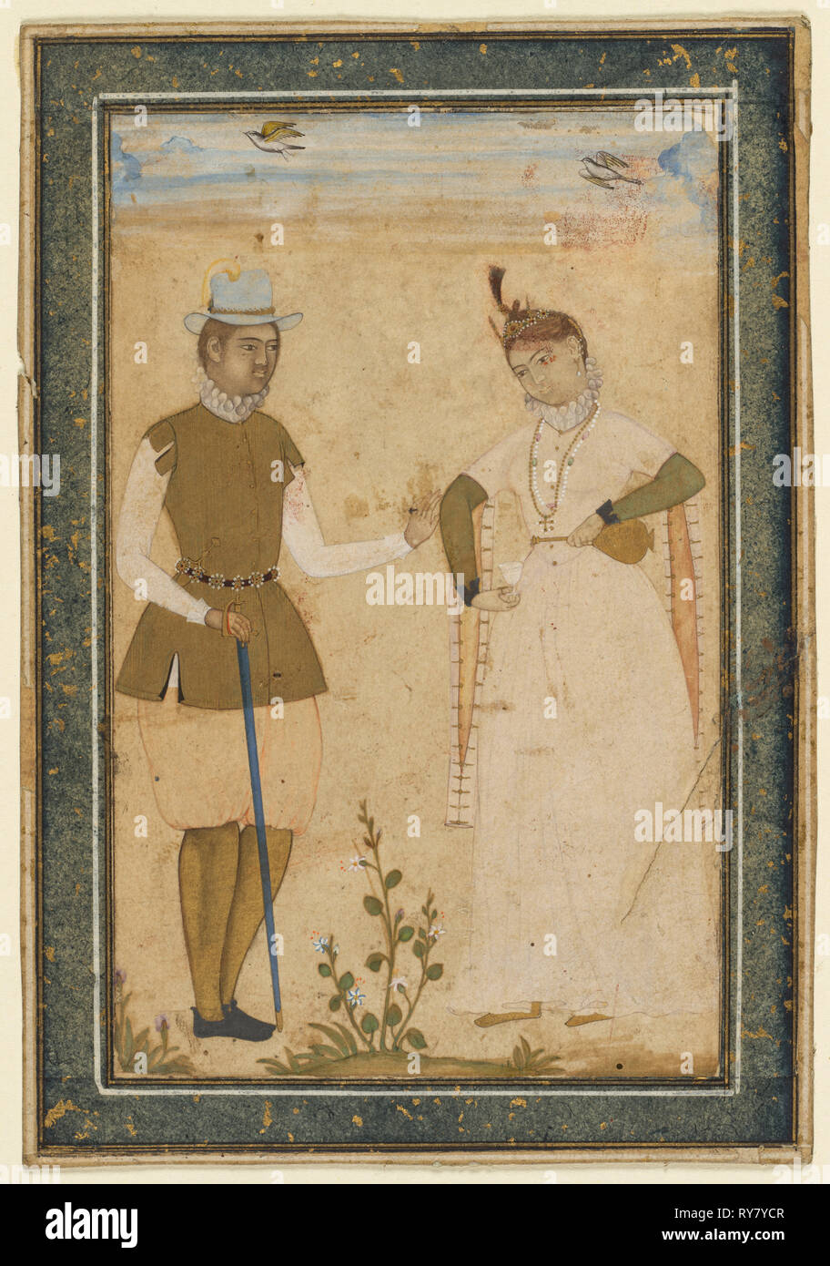 Un couple européen, c. 1610-1627. Attribuée à Ali Riza, le peintre' 'Bodleian (Indien). Dessin à l'aquarelle opaque et or sur papier, l'or bleu moucheté-frontières Banque D'Images Un couple européen, c. 1610-1627. Attribuée à Ali Riza, le peintre' 'Bodleian (Indien). Dessin à l'aquarelle opaque et or sur papier, l'or bleu moucheté-frontières Banque D'Images