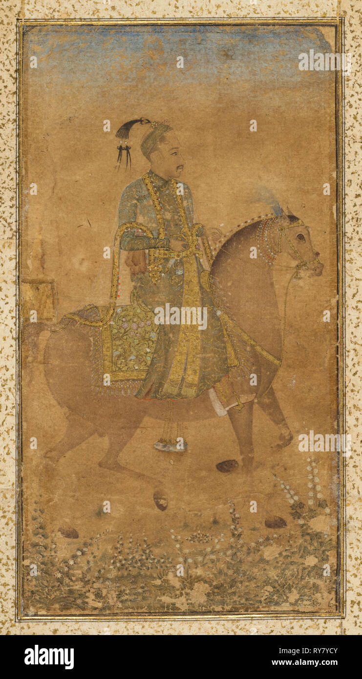 Abdullah Sultan Qutb Shah (1614-74) à cheval, c. 1635. Le sud de l'Inde, Golconda. Encre, aquarelle et or sur papier, montée avec des frontières saupoudrés d'or Banque D'Images