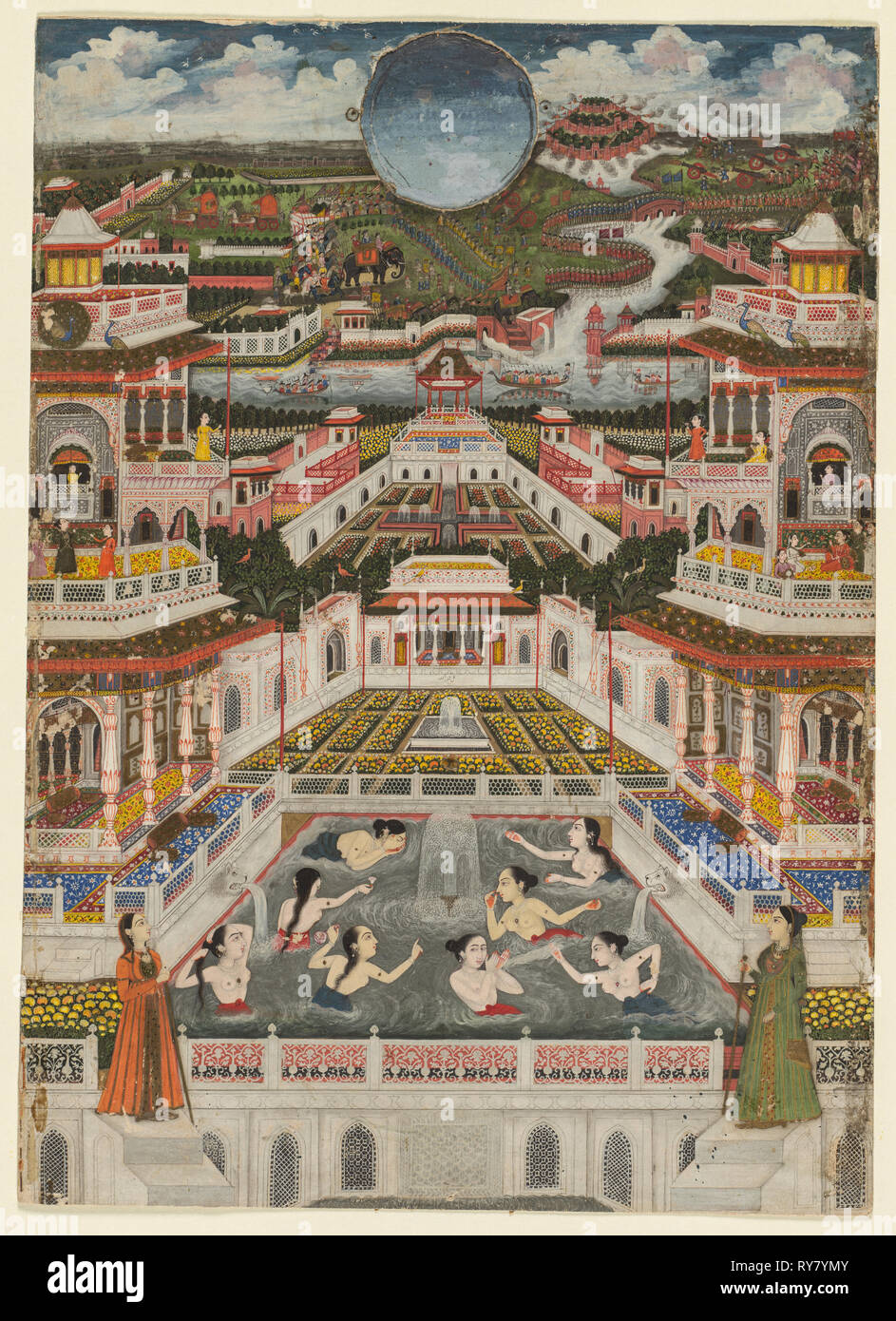 Les femmes baignade avant un panorama architectural, ch. 1765. Fayzullah (Indian, active c. 1730-1765). Aquarelle opaque et d'or sur papier Banque D'Images