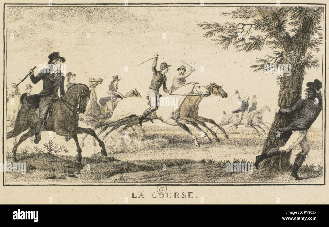Scènes de course : la course (Scènes Hippiques : La course). Carle Vernet (Français, 1758-1836), Gravure en noir a l'aquatinte par Jazet, publié par Jazet et Aumont. Fiche technique : Lithographie ; 9,1 x 14,1 cm (3 9/16 x 5 9/16 in.) ; Image : 6,6 x 10,9 cm (2 5/8 x 4 5/16 in Banque D'Images