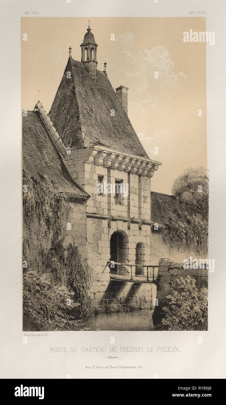 Des monuments de l'architecture pittoresque ou XVeme. Et XVIeme. Siecles : chateaux de France des XV et XVI SIECLES : Pl. 48, Porte du Château de Fresnay-Le-Puceux (Calvados), 1860. Victor Petit (Français, 1817-1874), Charles Boivin (éditeur et rédacteur en chef) ; Lith de Godard a Paris (imprimante). Lithographie avec Pierre de teinte, de portefeuille de 100 lithographies avec Pierre de teinte ; feuille : 35,6 x 27,3 cm (14 x 10 3/4 in.) ; image : 23,6 x 14 cm (9 x 5 1/2 à 5/16 Banque D'Images