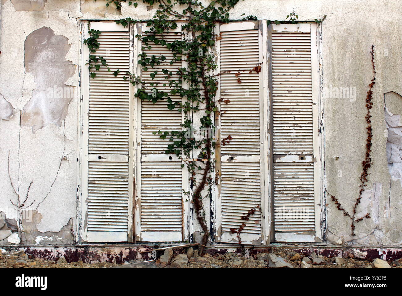 Grand blanc en bois fermée stores délabrés monté sur mur fissuré de l'hôtel abandonné bâtiment avec les plantes et les roches en chenilles/ Banque D'Images