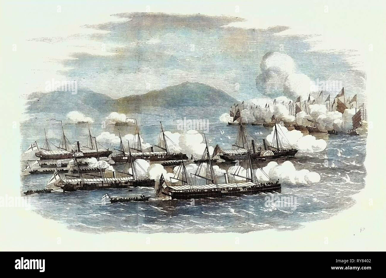La guerre en Chine la bataille d'échapper Creek : Le Commodore Elliot menant des vedettes de l'attaque du Mandarin Junks dans Escape Creek le 25 mai 1857 Banque D'Images