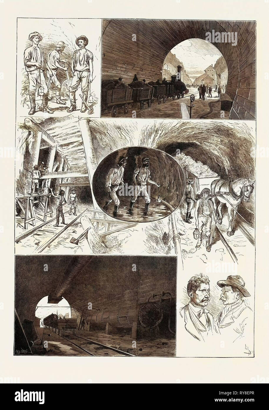 Dans le fleuve tunnel du Gothard : l'illustration du haut Vue de la bouche du tunnel est prise à Gï¶Schenen l'extrémité nord. Une vue de l'extrémité sud à Airolo se trouve au bas de cette page. Des groupes d'Ouvriers diversement utilisés et les portraits d'Neccaraviglia et Chisso qui perforé et soufflé le dernier trou de part et d'autre sont représentés dans l'autre des croquis. 1880 Banque D'Images