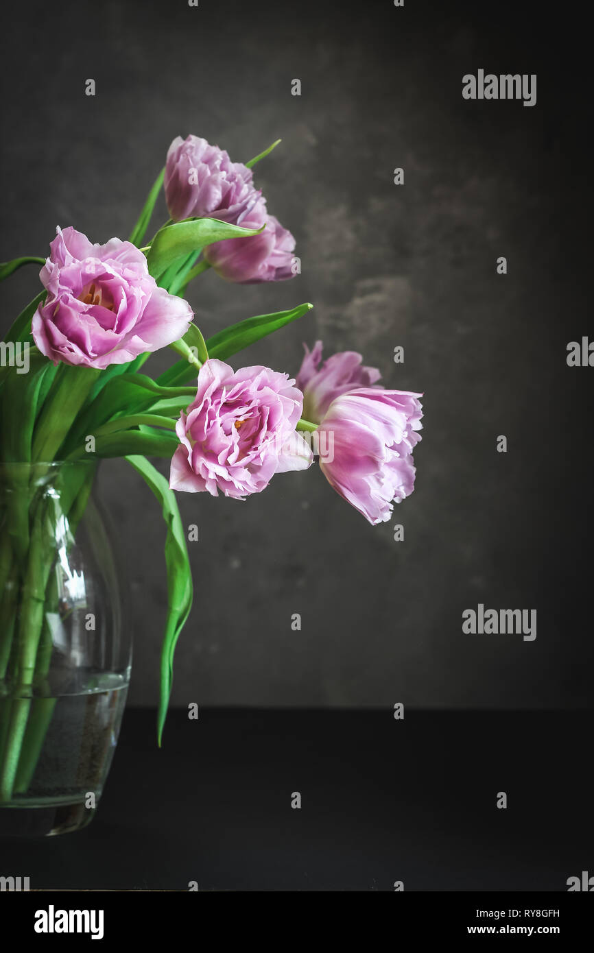 Tulipes dans un vase rose sur fond sombre Banque D'Images