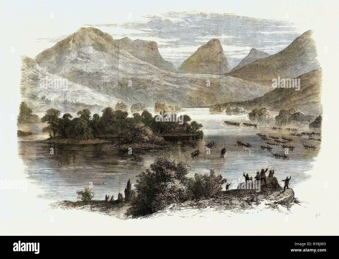 La visite de la reine d'Irlande : La Barge Royale en passant par la partie supérieure du lac de Killarney à Derricunihy esquissé à partir de la Cascade Kenmare Road Banque D'Images