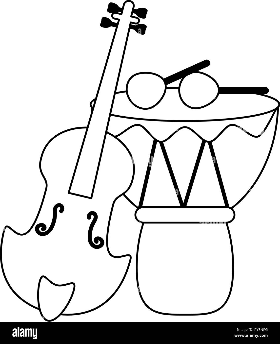 La guitare acoustique et le tambour avec des bâtons en noir et blanc Illustration de Vecteur