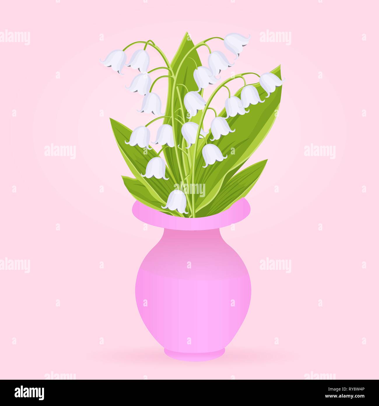 Le muguet, bouquet de délicates fleurs de printemps en vase rose, vector illustration. Bourgeons blancs fleurs forêt verte, bluebell pédoncule et je laisse Illustration de Vecteur