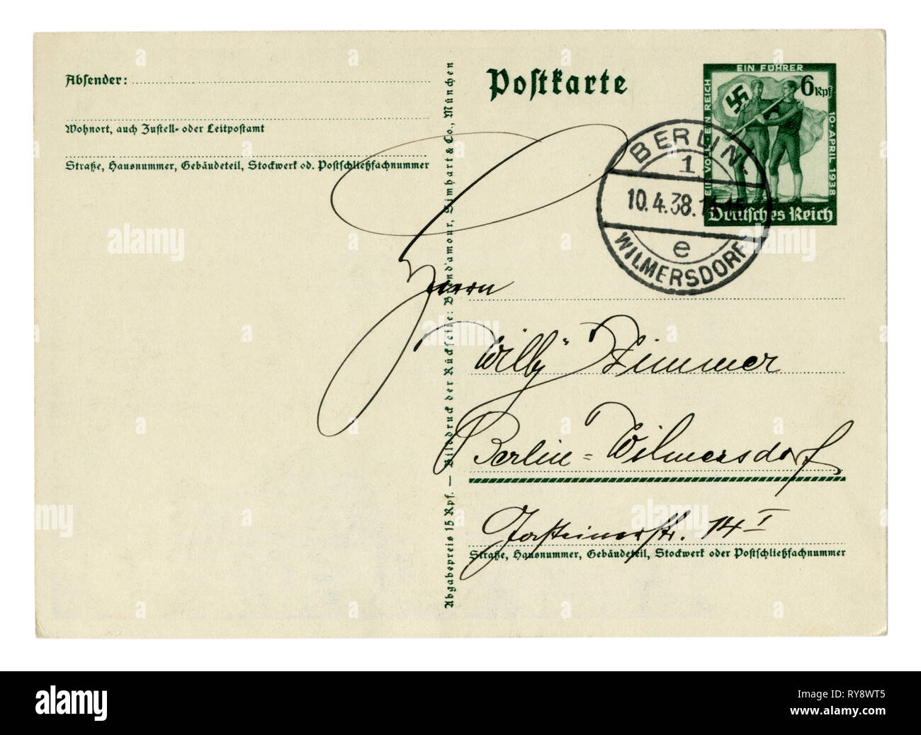 Dos de Carte postale historique allemand : Calligraphie écriture avec boucles, l'encre noire, l'annulation Berlin Wilmersdorf 10 avril 1938, imprimé stamp Banque D'Images