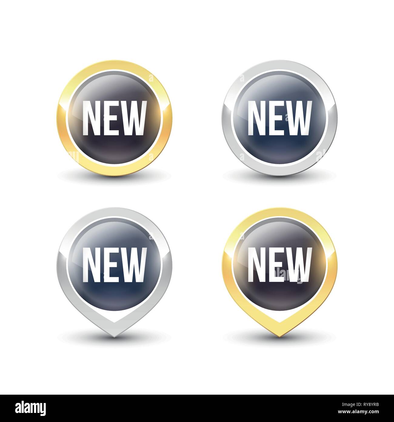 Nouveaux boutons ronds noirs et des liens avec l'or et l'argent métallique frontière. Label Vector icons isolé sur fond blanc. Illustration de Vecteur