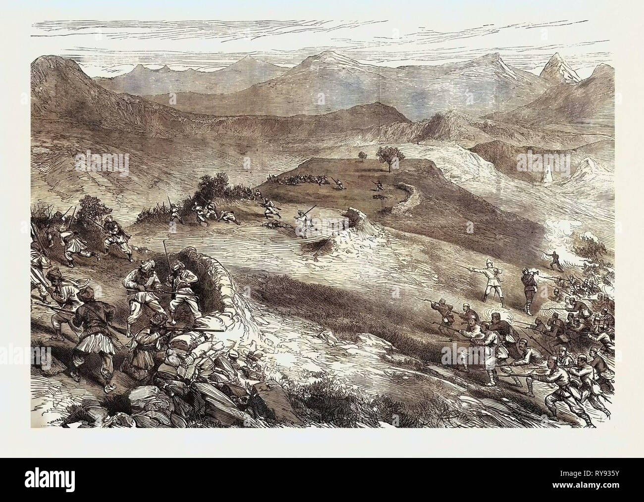 La guerre en Afghanistan : Prise de l'Spingawai Stockade matin du 2 décembre 1878 d'après un croquis par le Lieutenant Neville Chamberlain Banque D'Images