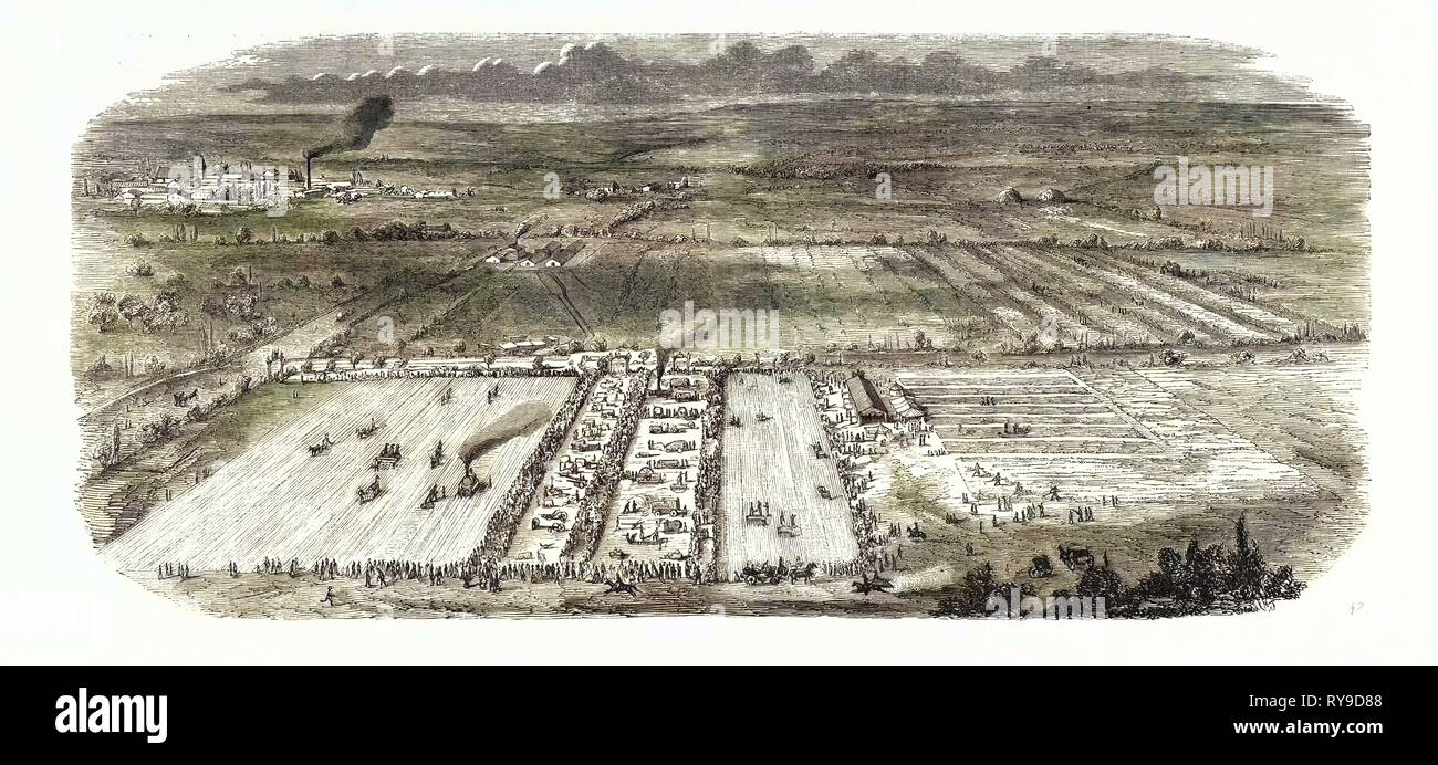 Exposition agricole à Trappes (Seine-Et-Oise), dans la ferme de M. Dailly, 14 août 1855, avec les différents dispositifs de l'Exposition universelle, et en présence de Sai le Prince Napoléon. Paris, France, l'Exposition Universelle. Une exposition internationale qui a eu lieu sur les Champs-Elysées en 1855, composé d'un tissu industriel et un Beaux arts Exposition. 1855 Gravure Banque D'Images Exposition agricole à Trappes (Seine-Et-Oise), dans la ferme de M. Dailly, 14 août 1855, avec les différents dispositifs de l'Exposition universelle, et en présence de Sai le Prince Napoléon. Paris, France, l'Exposition Universelle. Une exposition internationale qui a eu lieu sur les Champs-Elysées en 1855, composé d'un tissu industriel et un Beaux arts Exposition. 1855 Gravure Banque D'Images