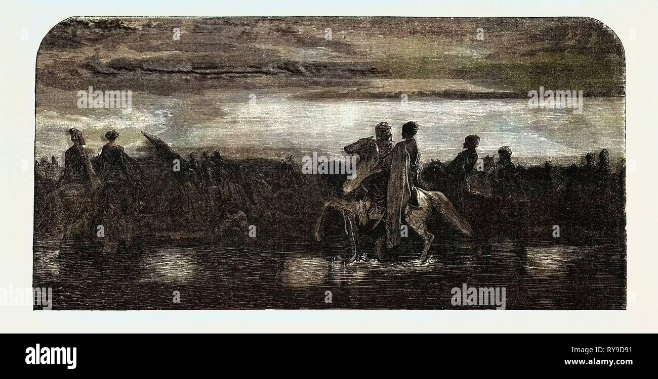 Cavalerie turque asiatique traversant une Ford, gravure 1855 Banque D'Images