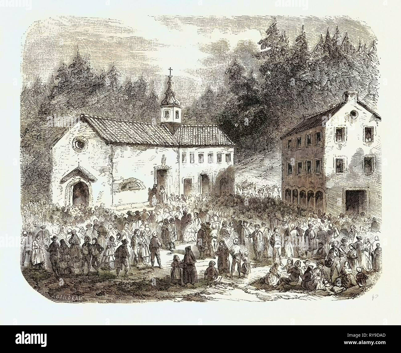 Fête de la Nativité de Notre Dame : pèlerinage à Notre Dame de Font-Romeu (Pyrénées-Orientales), France, 1855. Gravure Banque D'Images