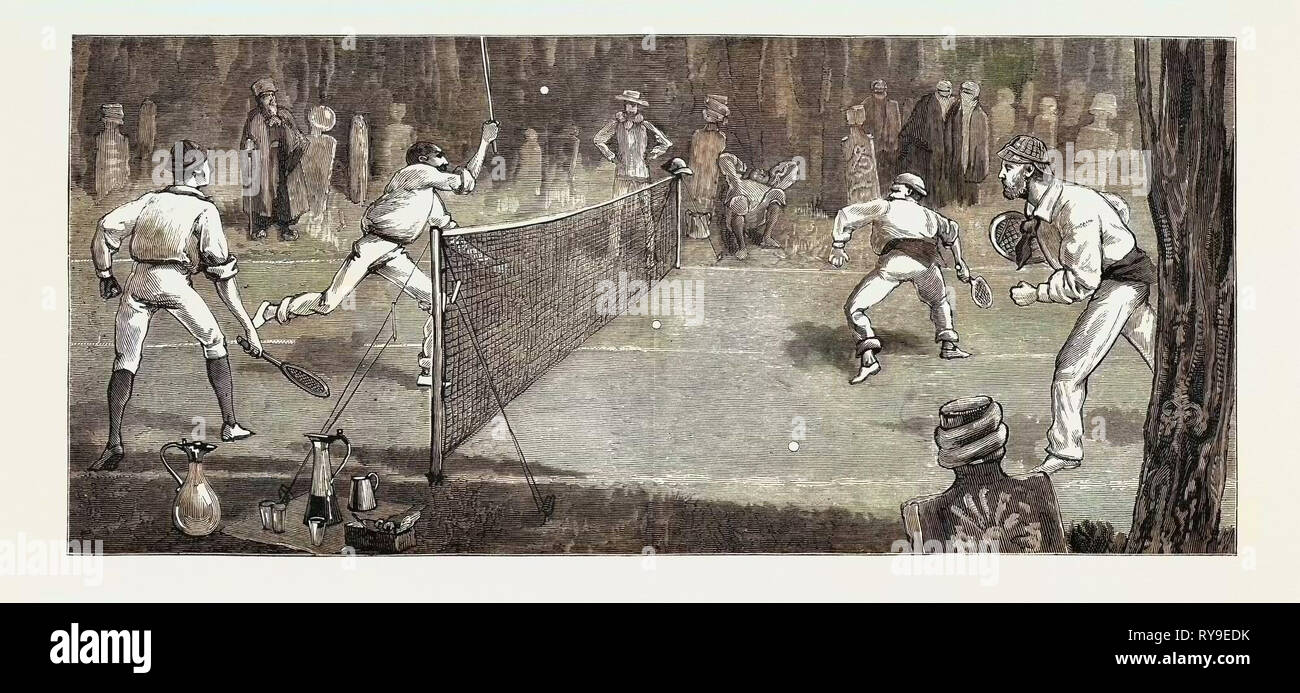 Nous trouvons une jolie place dans le cimetière de Lawn-Tennis Fourrure, gravure 1884 Banque D'Images