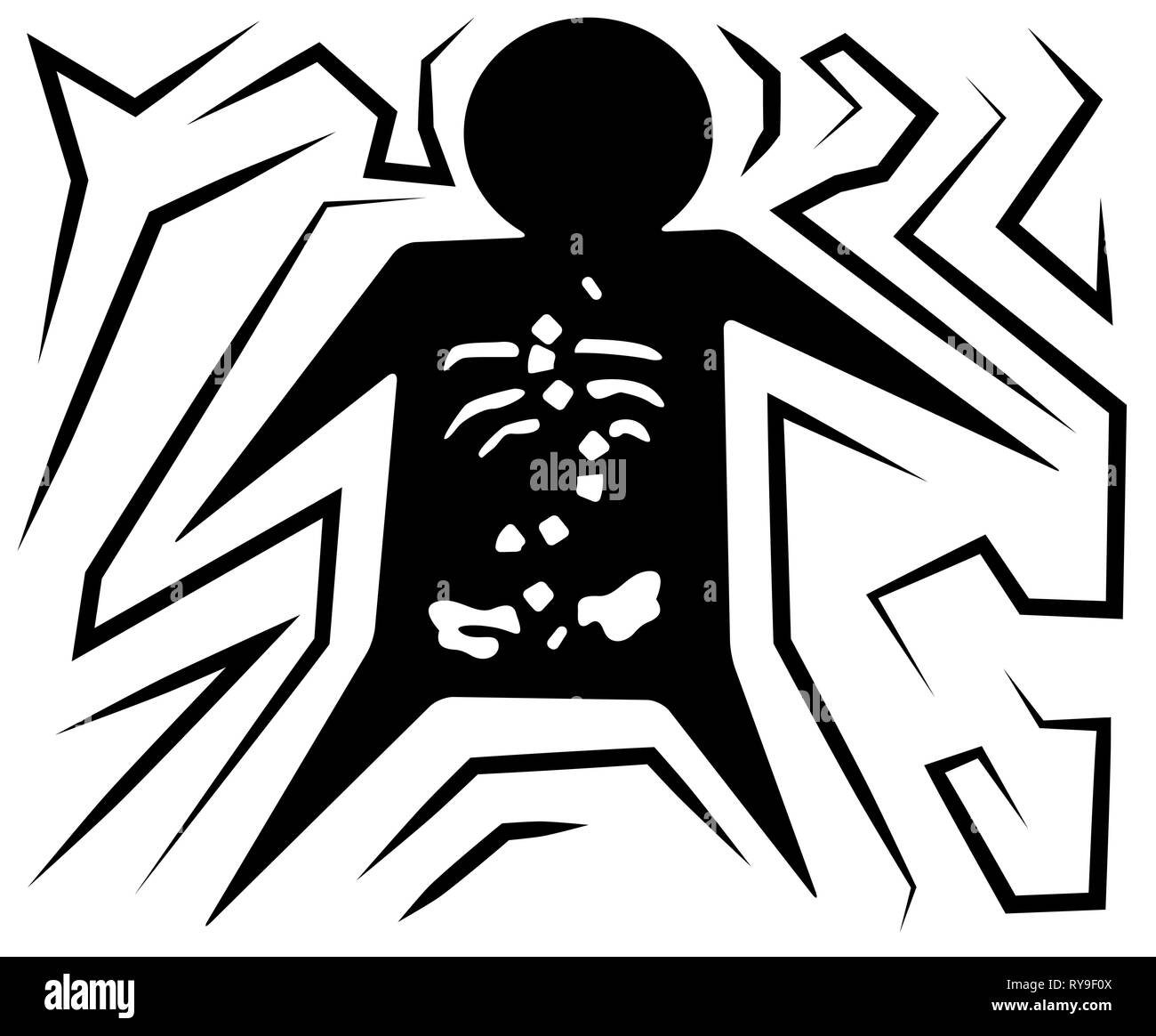 Maux de dos figure symbole noir cartoon, illustration vectorielle, horizontal, sur fond blanc Illustration de Vecteur