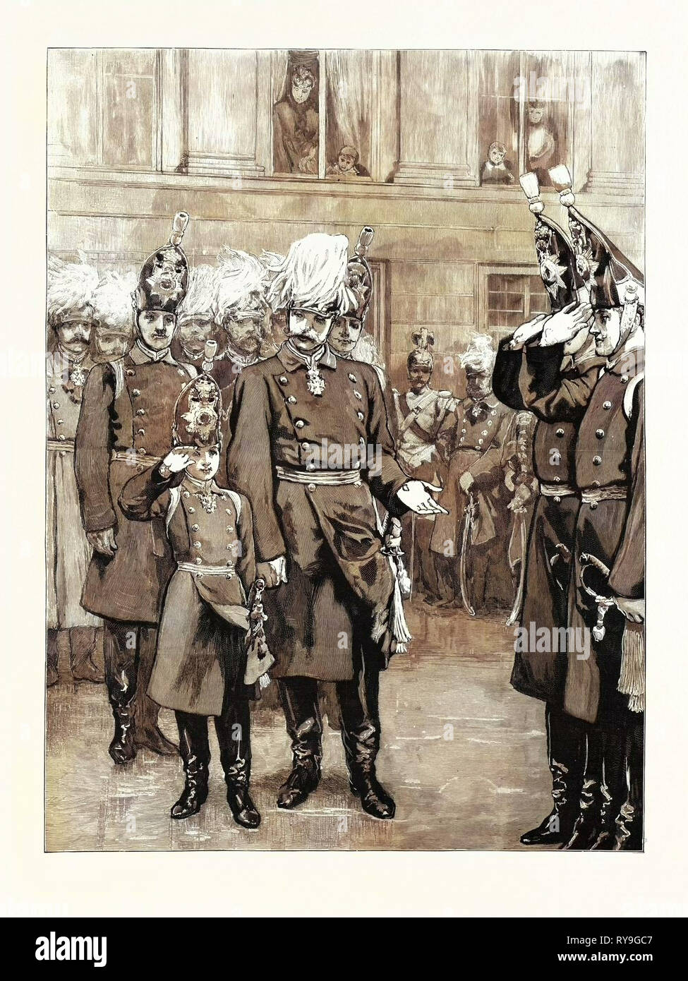 La réception du Prince héritier de Prusse dans le premier régiment de Gardes à Potsdam : l'empereur allemand présentant son fils au régiment, le Prince héritier, étant le plus jeune officier, Mached derrière le premier peloton, et après l'inspection terminée, l'empereur a présenté son fils au Colonel Von Natzmer et les officiers du régiment, l'Allemagne, 1892 Gravure Banque D'Images
