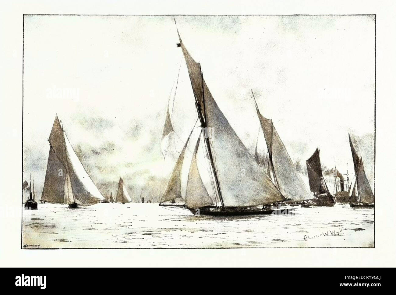 La première course du Royal Thames Yacht Club : l'Iverna, Meteor et Maid Marian, gravure 1892 Accueil Fonctionnement Banque D'Images