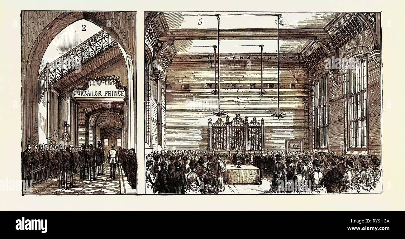 Ouverture de l'Orphelinat de Marin, Liverpool, par S.A.R. le duc d'Édimbourg : 2. Arrivée du couple royal à l'entrée. 5. La cérémonie d'ouverture dans la salle à manger., octobre 10, 1874, UK Banque D'Images