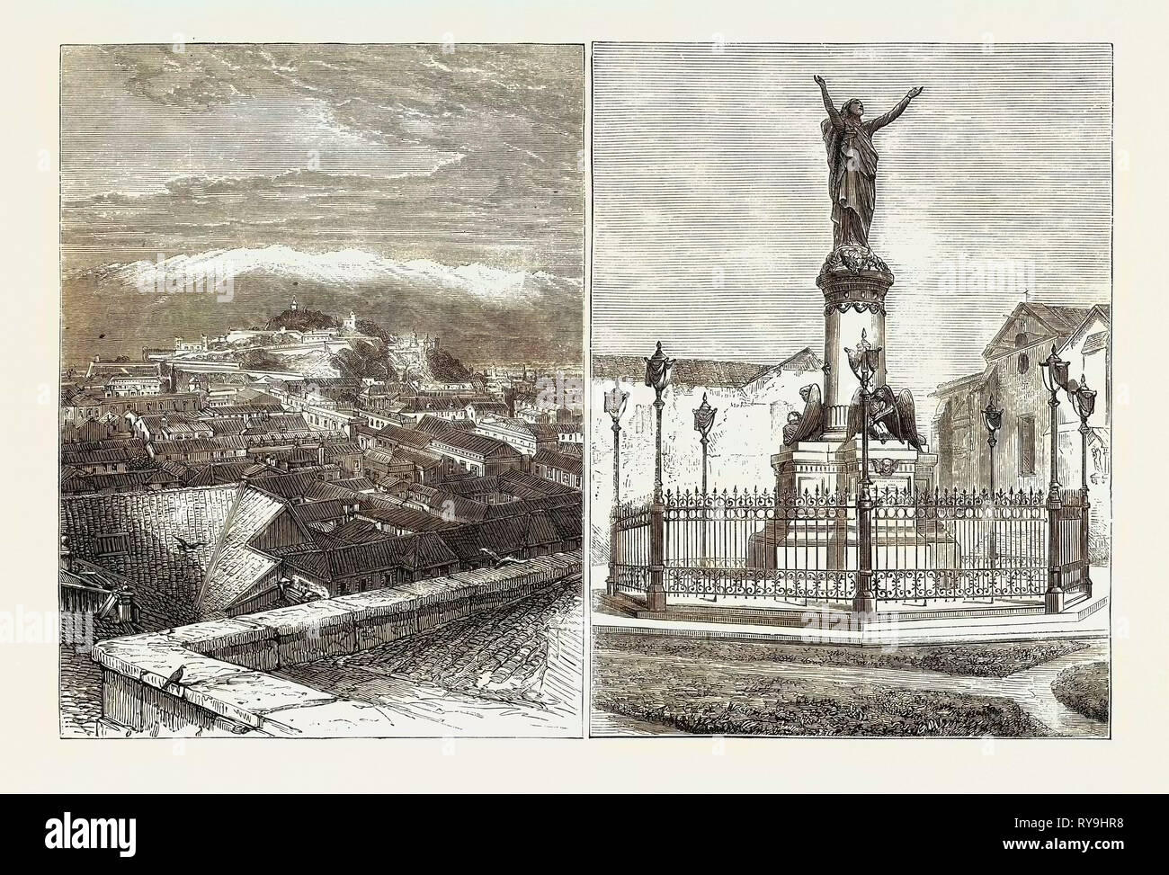 Le prochain passage de Vénus : Image de gauche : vue sur Santiago, image de droite : Monument à Santiago à ceux qui ont péri au cours de l'incendie de la Cathédrale, 1863 Banque D'Images