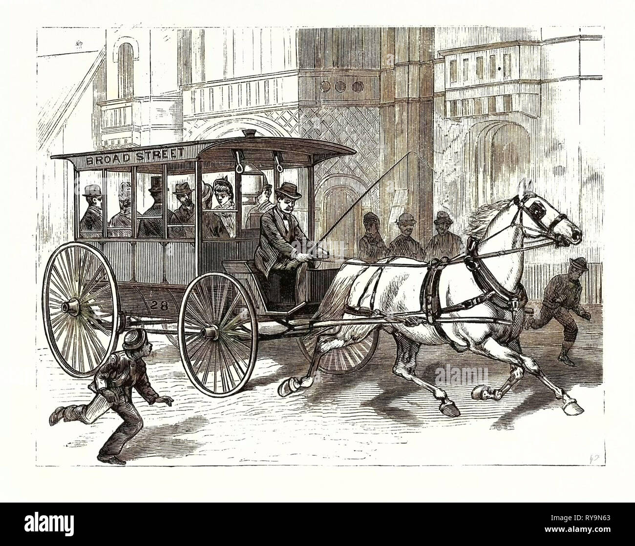 New York : Les nouveaux entraîneurs Herdic juste introduit dans Philadelphie. États-unis, gravure 1880 1881 Banque D'Images