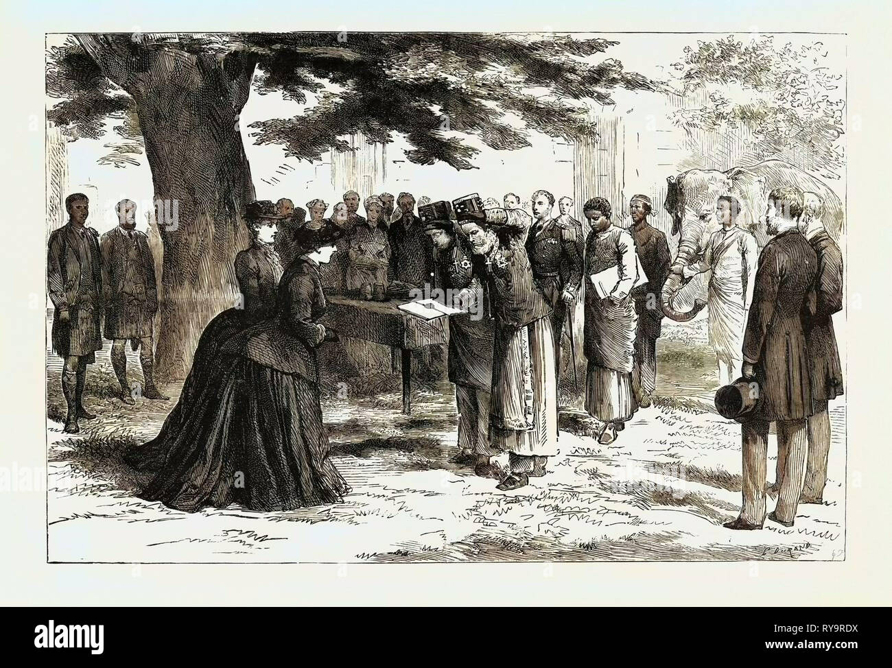 Des envoyés de l'Abyssinie présentant des cadeaux King John's à la reine Victoria à Osborne, gravure 1884, UK, Grande-Bretagne, britannique, Europe, France, Grande Bretagne, Banque D'Images