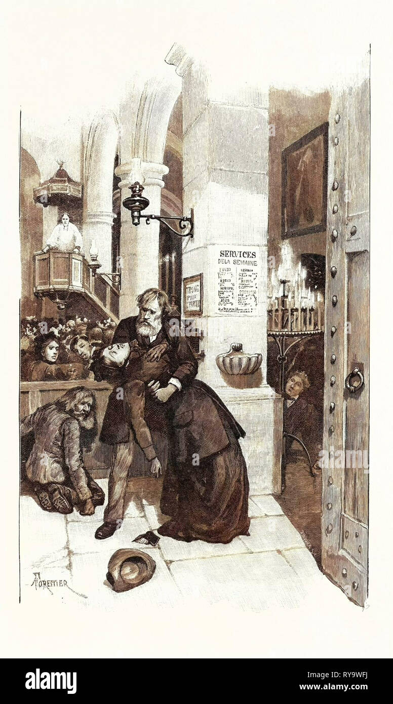 Elle s'installe à la porte de l'Église, mais, avec son pied sur le marchepied, se balançaient et est tombé dans les bras du médaillon, gravure 1893 Banque D'Images