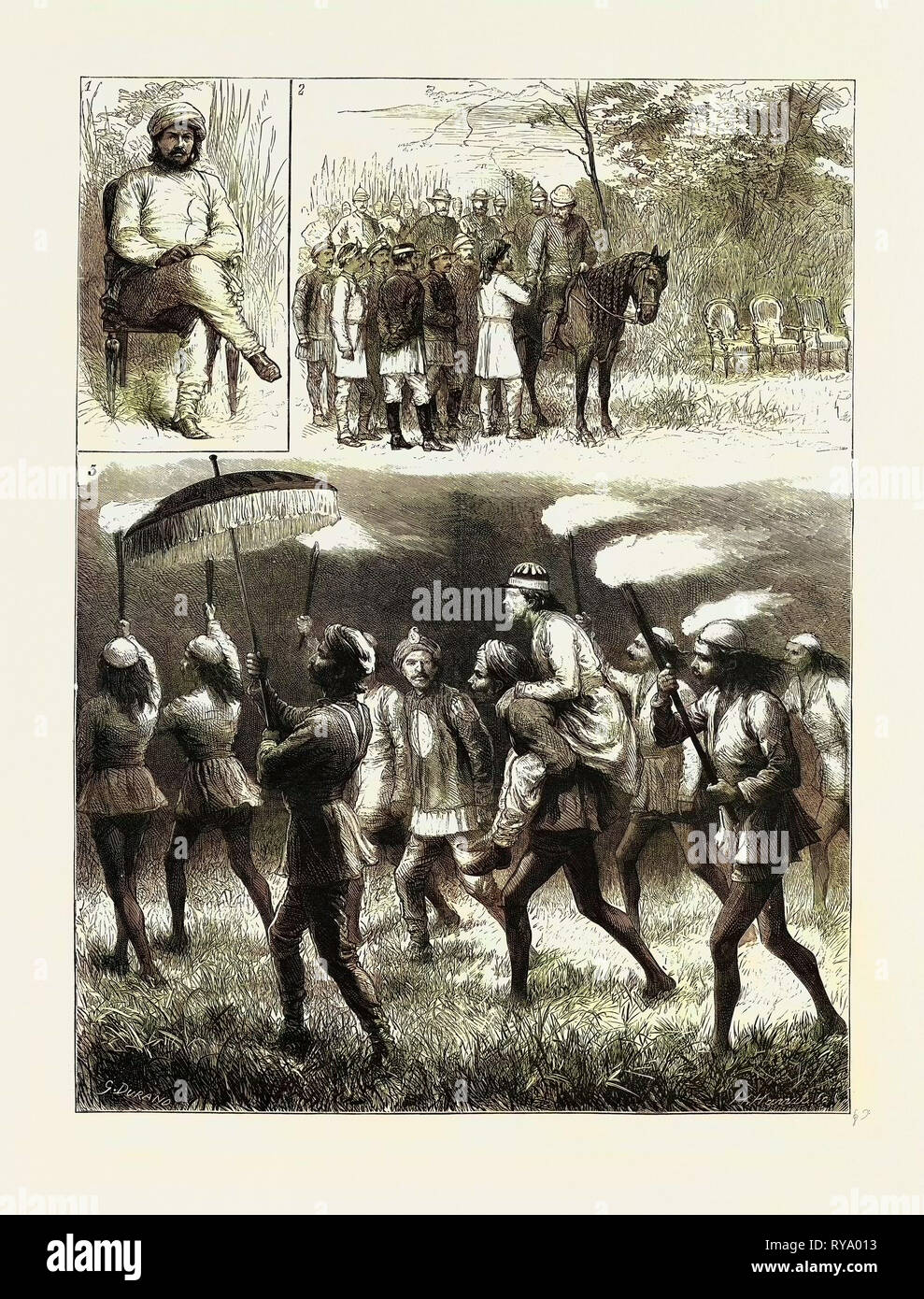 L'Indien Visite de S.A.R. le Prince de Galles : Mémoires de feu Sir Jung Bahadoor, dans le Terai Nepaul, 1875-1876, 1. Monsieur Jung Bahadoor, G.C.B., G.C.S.I., Premier Ministre de Nepaul (mort dans le Terai Nepaul, Février 25, 1877), 2. Réunion de S.A.R. le Prince de Galles avec Monsieur Jung Bahadoor, Février 19, 1876, 3. Une soirée, visite de Monsieur Jung Bahadoor Banque D'Images