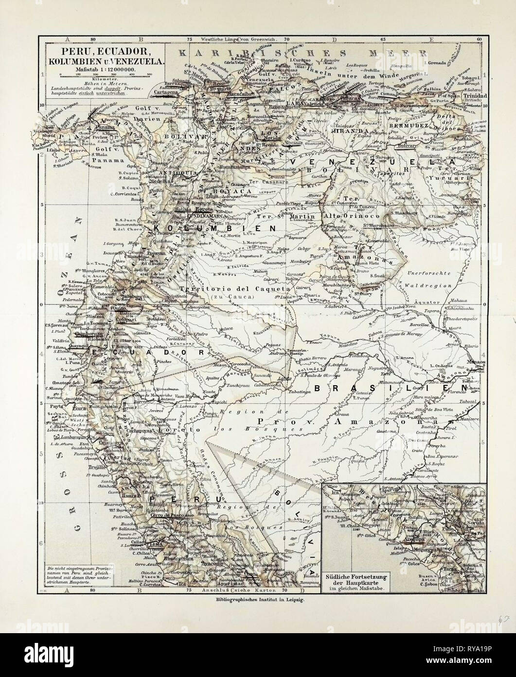 Carte du Pérou Equateur Venezuela et Colombie 1899 Banque D'Images