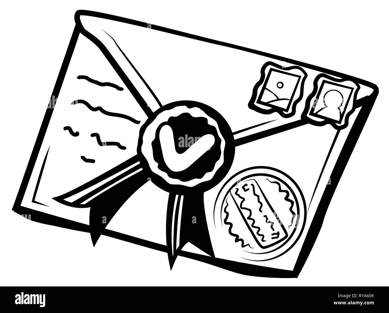 Lettre scellée message enveloppe noir pochoir, vector illustration, horizontal, isolé Illustration de Vecteur