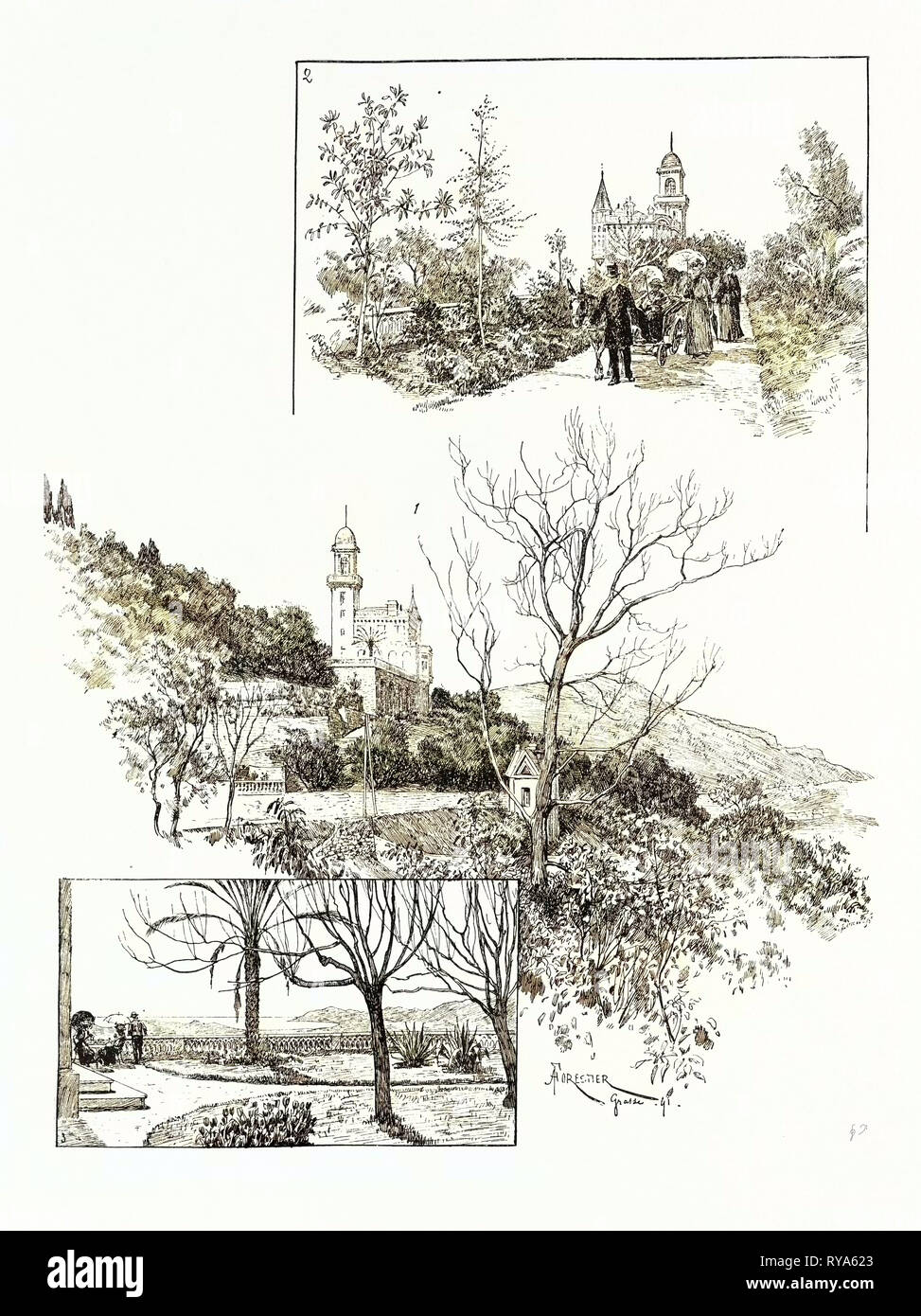 La Villa St Georges Grasse appartenant à M. Chiris Sénateur de la République française : 1. Vue générale. 2. Le Queen's Drive. 3. Sur la terrasse Banque D'Images