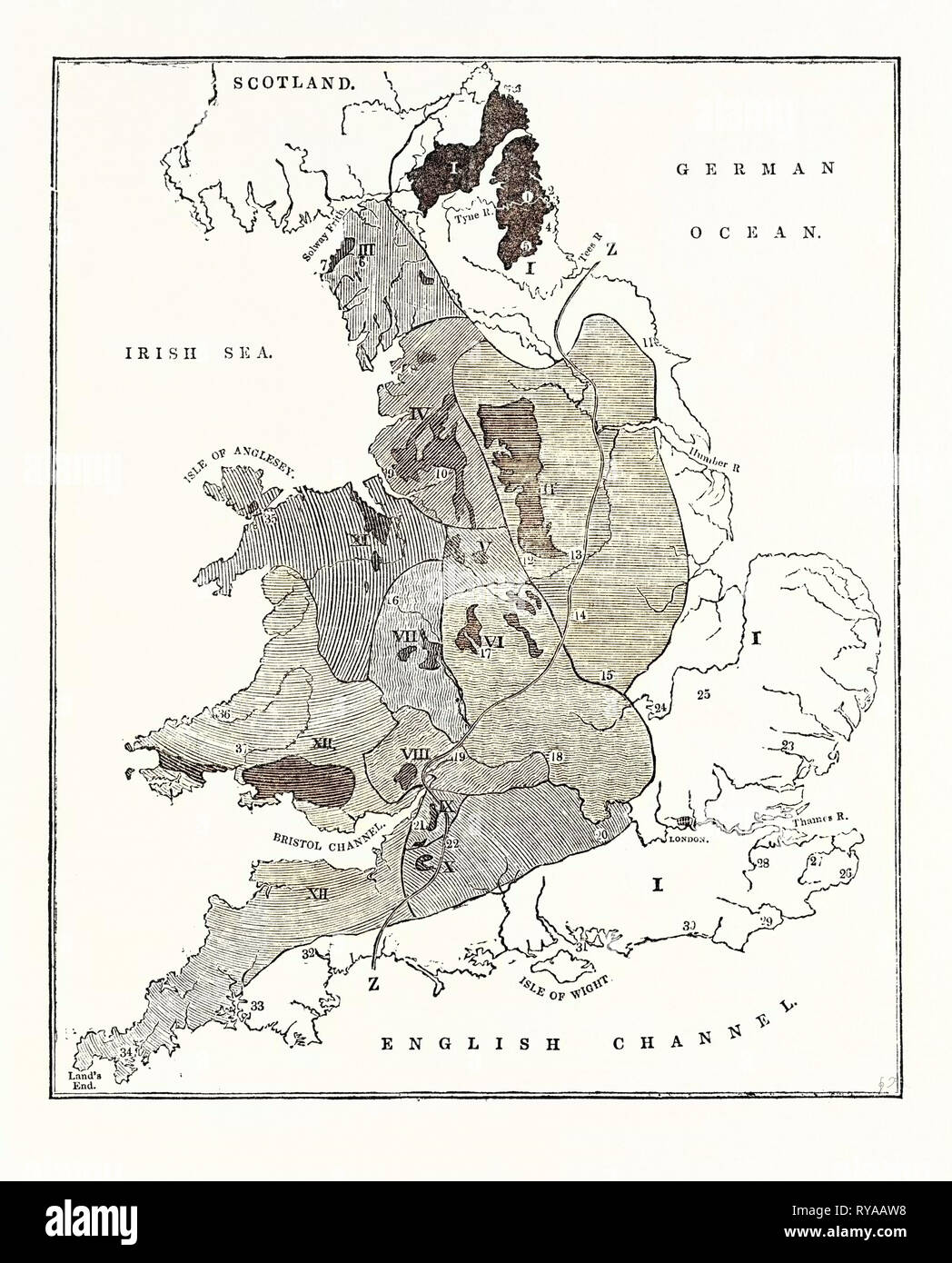 Une carte montrant la position géologique et la distribution commerciale de charbon en Angleterre et au Pays de Galles Banque D'Images