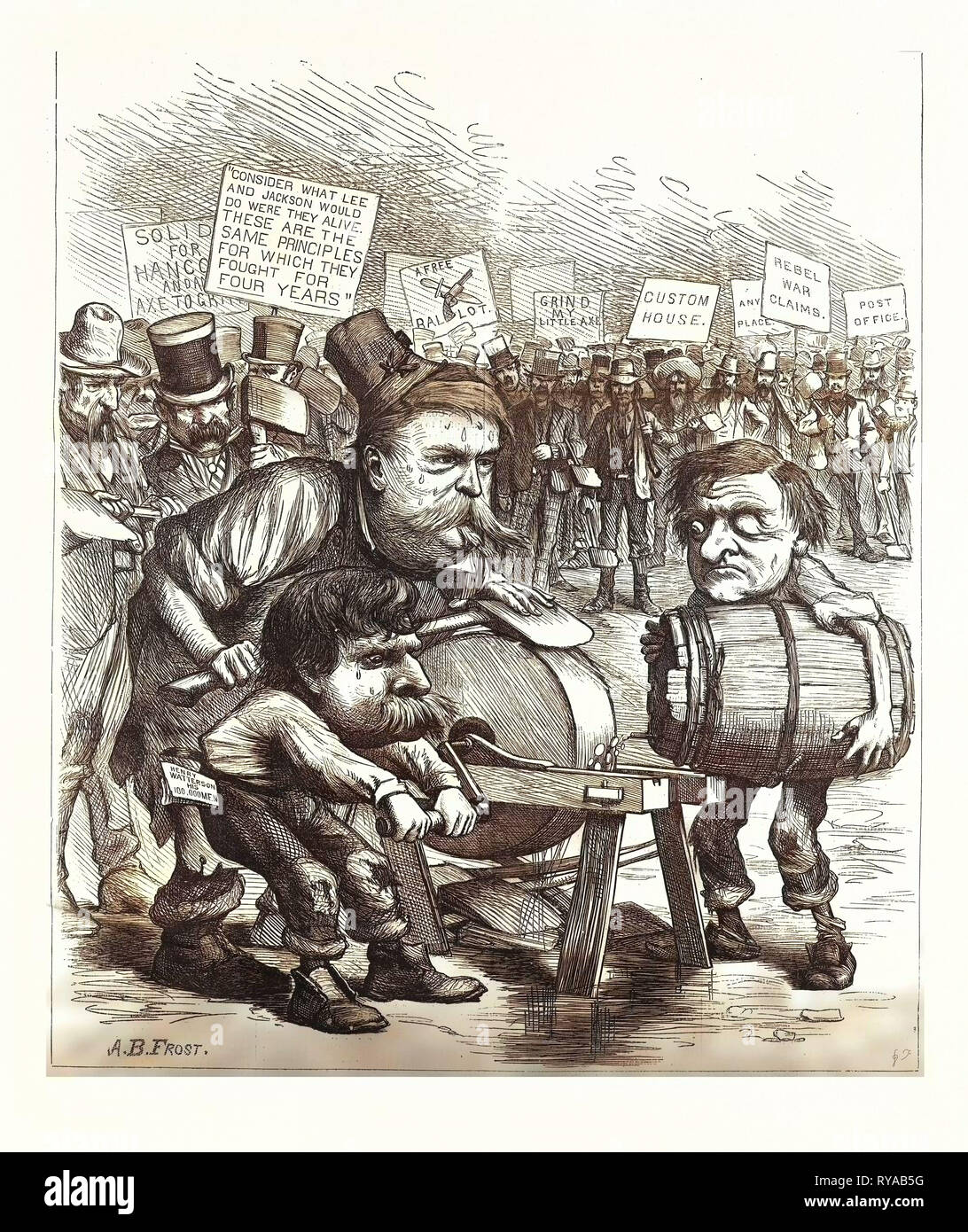 Ax-Grinder démocratique, gravure 1880, US, USA, Politique, Politique, Politique, patriotique, Campagne Banque D'Images