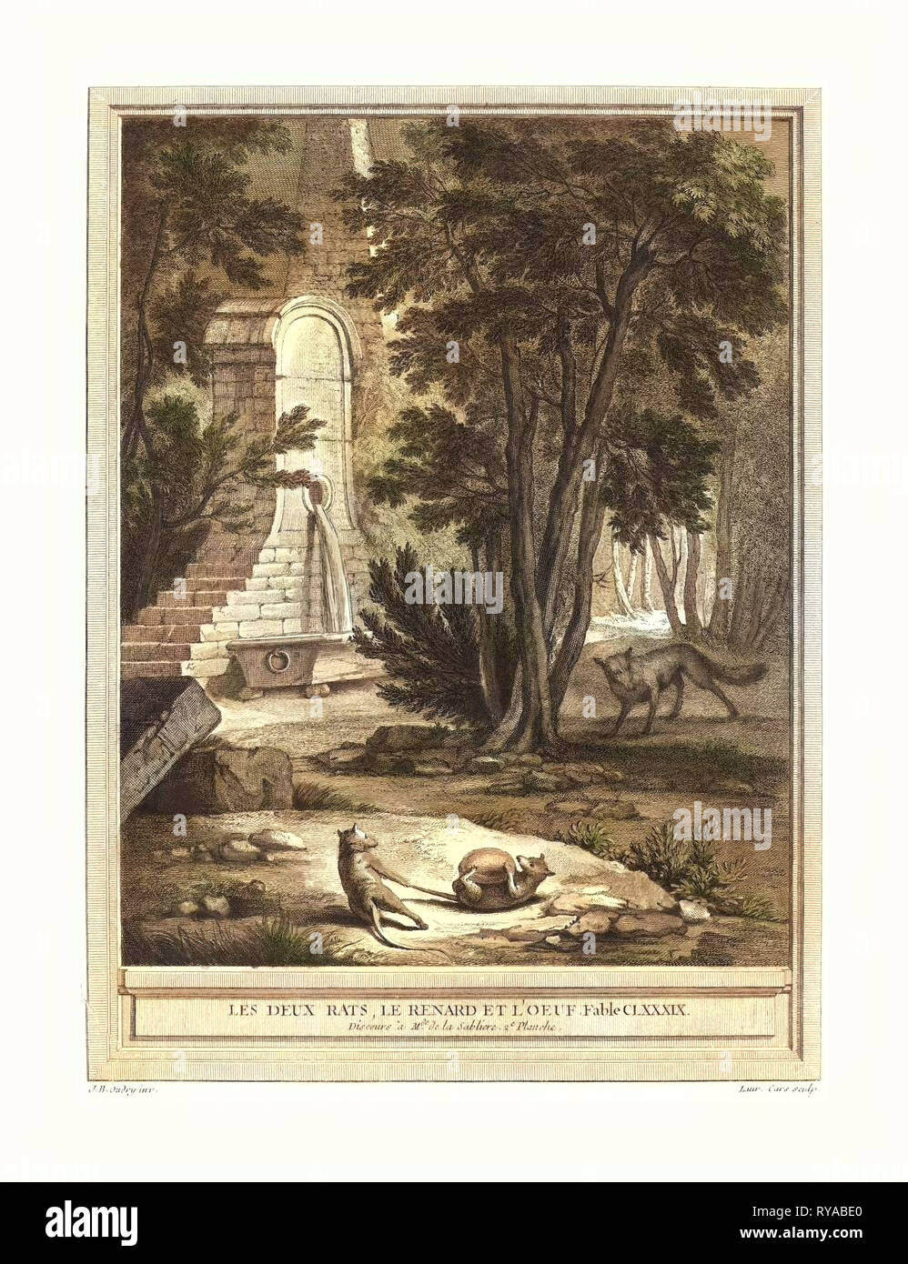 Laurent Cars après Jean Baptiste Oudry (Français, 1699 1771 ), Les Deux Rats, le renard et l'Œuf (deux rats, le renard et l'Œuf), publié 1759, gravure colorée à la main Banque D'Images