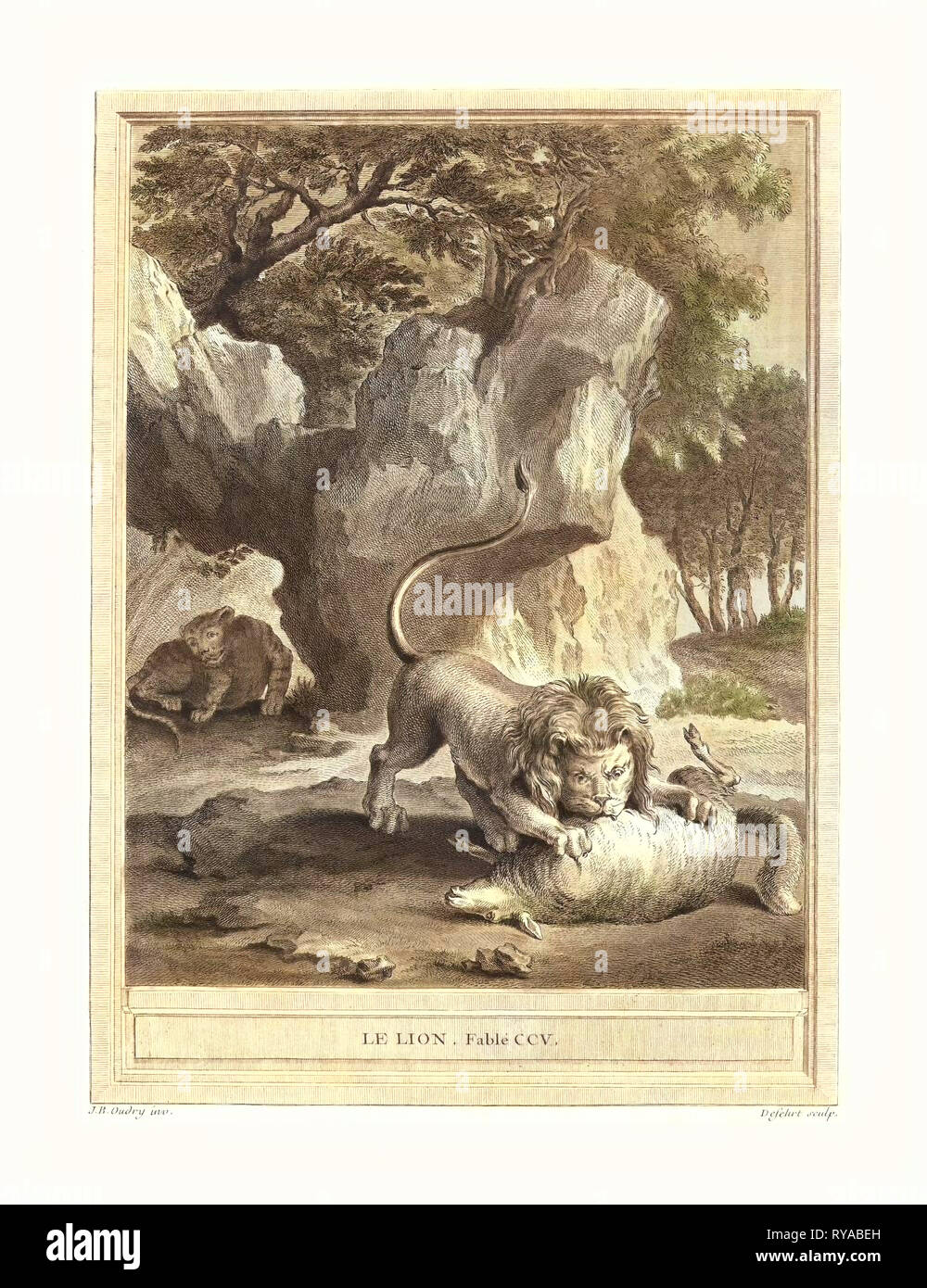 A.J. De Fehrt après Jean Baptiste Oudry (Français, né en 1723 ), Le Lion (le Lion), publié 1759, gravure colorée à la main Banque D'Images