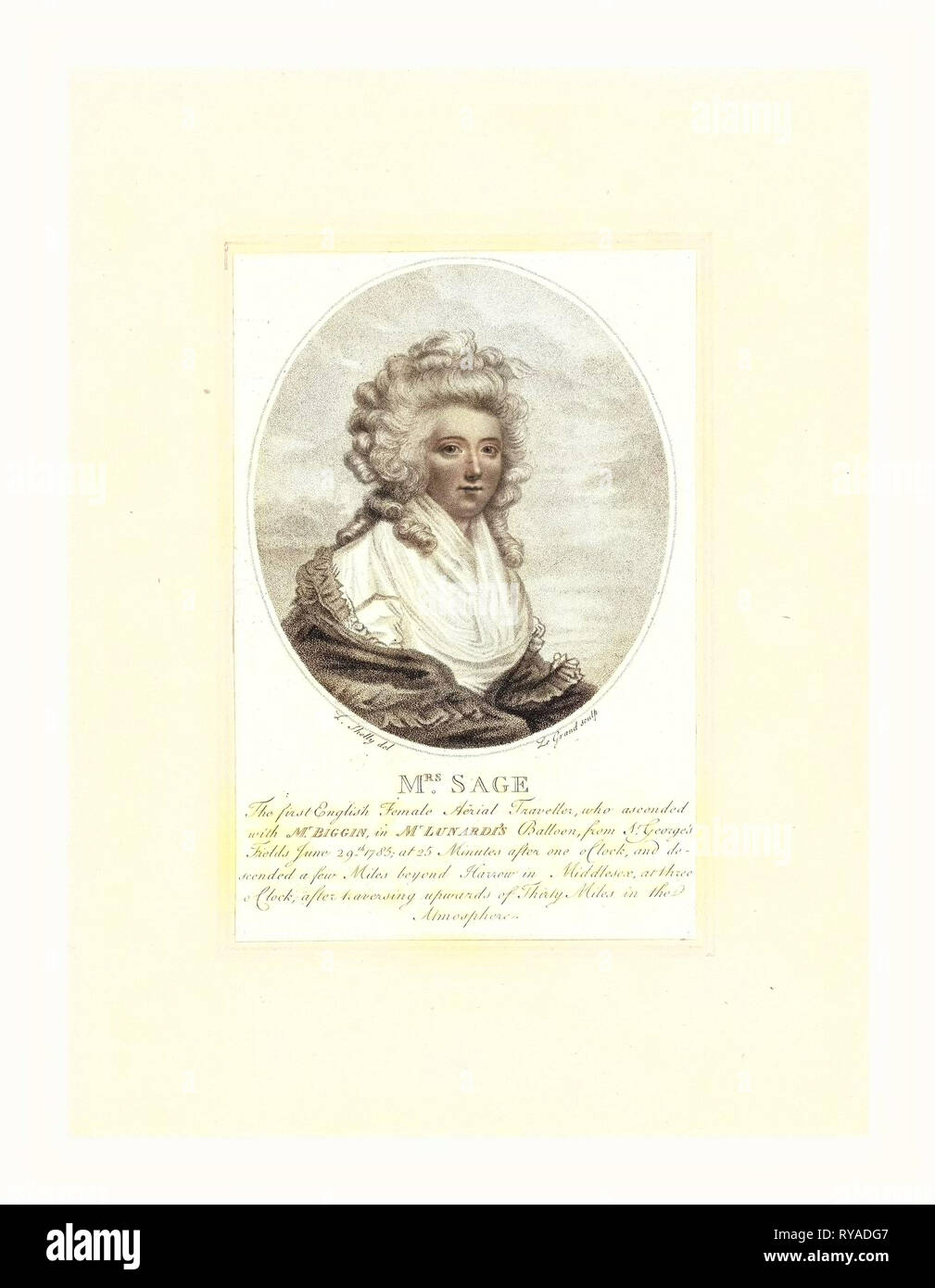 Mme Sage, le premier voyageur aérien féminin anglais, qui est monté avec M. Biggin dans M. Lunardi, le ballon de St George's Fields, 29 juin 1785, L. Shelly, Del., Legrand, couche externe., entre 1790 et 1850, demi-longueur Portrait de la première femme anglaise à monter en ballon Banque D'Images