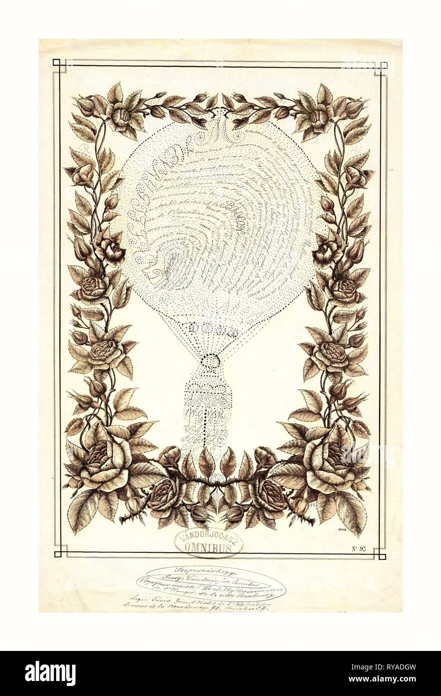 Hommage à Ballonist français Henri Giffard, sous la forme d'un texte français à la main en forme de ballon, à l'intérieur d'une bordure de fleurs imprimés, Clarey & Gibert, Tours., 1878 , Hommage écrit par M. Wrabelly de Hongrie, Ville de Pressbourg (Bratislava), à l'occasion d'avoir vu le ballon Giffard exposées dans les jardins des Tuileries Au cours de sa visite à l'Exposition mondiale tenue à Paris en 1878 Banque D'Images