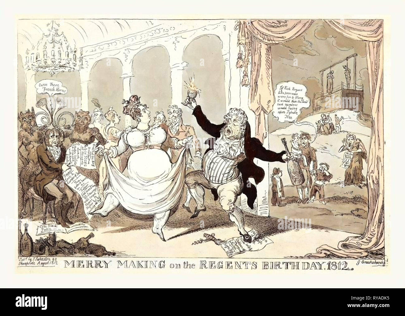 Décisions sur les régents joyeux Jour de naissance, 1812, George Cruikshank, 1792 à 1878, 1812, Aquafortiste, George, le Prince Régent, danser et boire à une fête somptueuse avec la femme d'un homme qui est assis avec un regard triste sur son visage, et tenant une feuille de papier de l'ordre du jour qui répertorie le petit-déjeuner - 2 pour être accroché à Newgate avec déjeuner, dîner et souper suivi d'horaires de thé - Français Fling, D [sou] saucisse avec pain, fromage & Kisses &C &C, danser toute la nuit et avec ses pieds reposant sur des partitions de musique intitulé la blague noir tandis que derrière lui deux Demon-Like Chiffres jouant Cors Banque D'Images
