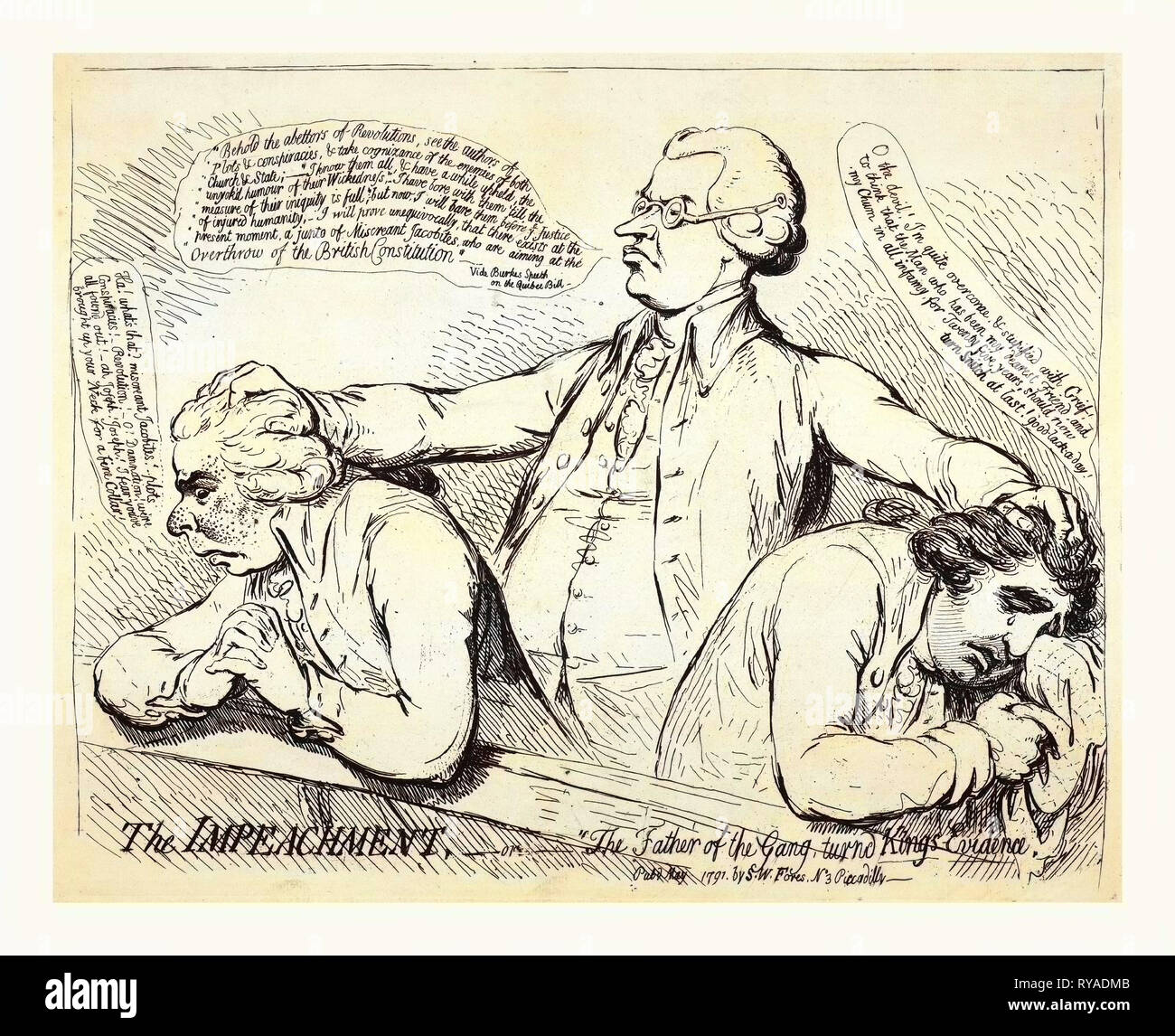 L'accusation, ou le père de la bande se retourna, preuve Kings Gillray, James, 1756-1815, l'artiste, gravure de 1791, Edmund Burke debout derrière et avec ses mains sur les têtes de Richard B. Sheridan et Charles James Fox qui s'inclinent devant lui sur une balustrade, peut-être devant le Parlement. Burke dit : Voici les instigateurs de Tours, voir les auteurs de parcelles et les conspirations, et prendre connaissance des ennemis de l'Eglise et de l'État ... Qui visent le renversement de la Constitution britannique Banque D'Images