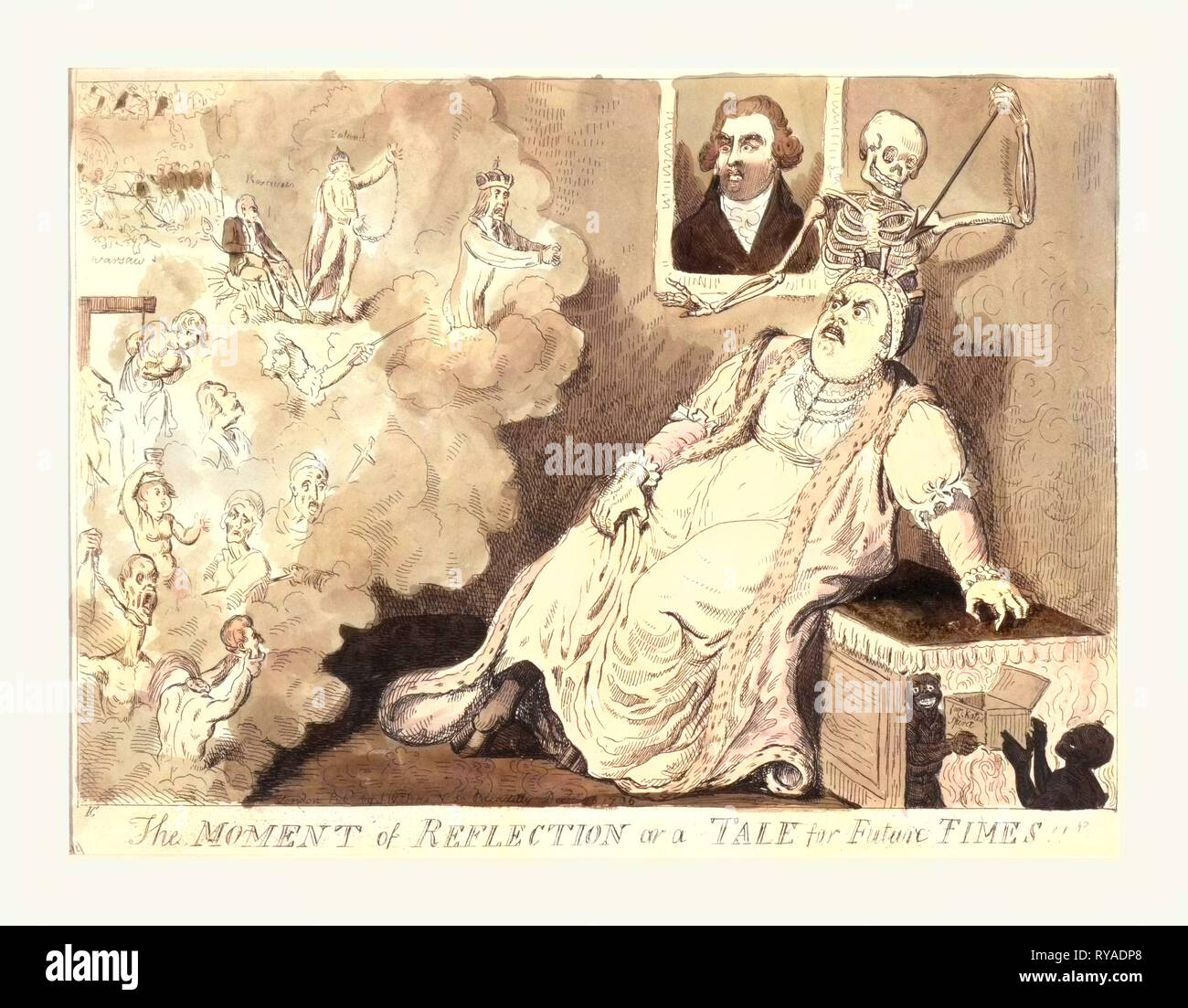 Le moment de réflexion ou un conte pour temps futurs, Cruikshank, Isaac, 1764 1811 1796, gravure, Catherine II horrifié par les visions qui assaillent son au moment de la mort, un nuage d'entrer à gauche, montre les nombreuses victimes de sa colère, un squelette, la mort, se tient derrière son prêt à plonger sa lance et envoyer son Cloven-Hoofed esprit entre les mains de deux démons grimaçant en attente dans les flammes de l'enfer, une peur Charles Fox témoins les visions d'un portrait sur le mur derrière elle Banque D'Images