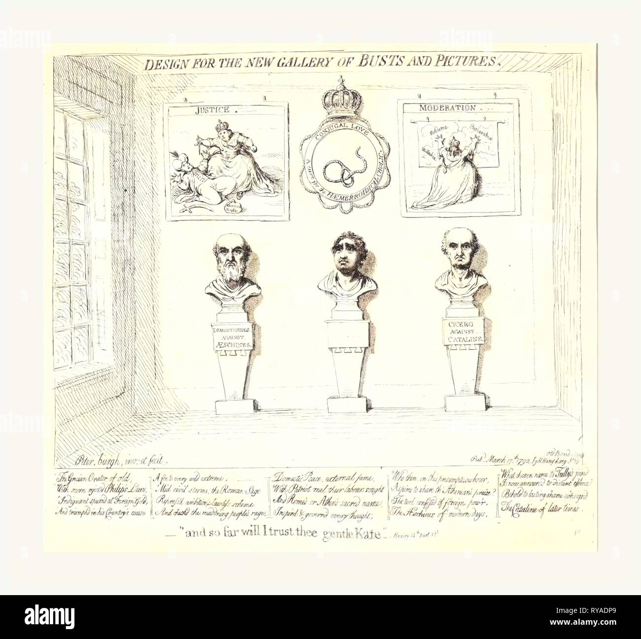 Pour la conception nouvelle galerie de bustes et images, et jusqu'à présent j'ai confiance en Toi Kate douce, Henry 4ème, 1ère partie , Gillray, James, 1756-1815, gravure, 1792 Vue de l'intérieur d'une galerie de portraits avec des bustes de Démosthène et Cicéron, Les deux sourcils, et entre eux un buste de Charles J. Fox, accroché au mur au-dessus de sont deux impressions montrant Catherine II de Russie, dans l'un, intitulé La Justice, elle est sur le point de poignarder un Sultan, dans l'autre, la modération, elle est confrontée à une carte de la Moldavie, la Valachie, la Bessarabie, et qu'elle embrasse avec bras étendu, suspendue au-dessus du buste de Fox est un cercle couronné Banque D'Images