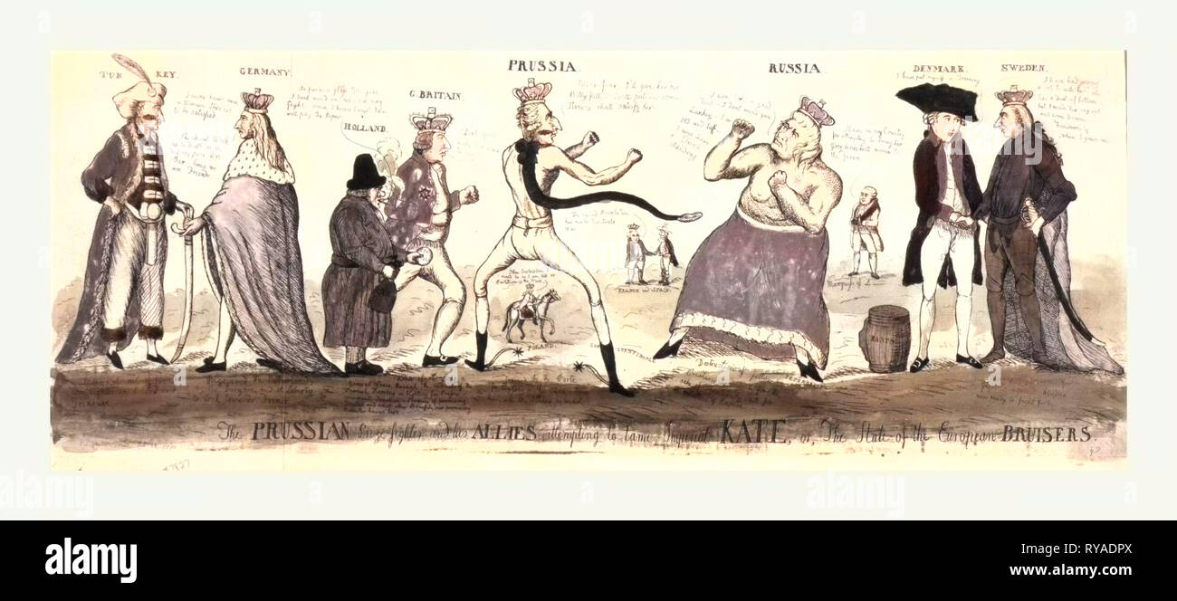 Prize-Fighter la Prusse et ses alliés tentent de dompter Kate impériale, ou, l'état de l'Bursiers, gravure de 1791, Catherine II et Frédéric-guillaume II comme pugilistes, dépouillé jusqu'à la taille de poing levé, d'un côté ou de se tenir d'autres chefs d'État européens (derrière la Prusse sont George III Comité permanent avec la Hollande, Selim III et Léopold II représentent la Turquie et l'Allemagne, derrière la Russie sont Christian VII et Gustave III représentant le Danemark et la Suède), d'autres chiffres, réduit en taille que leur taille est réduite, apparaître à proximité pour les boxeurs, le roi de Pologne Banque D'Images