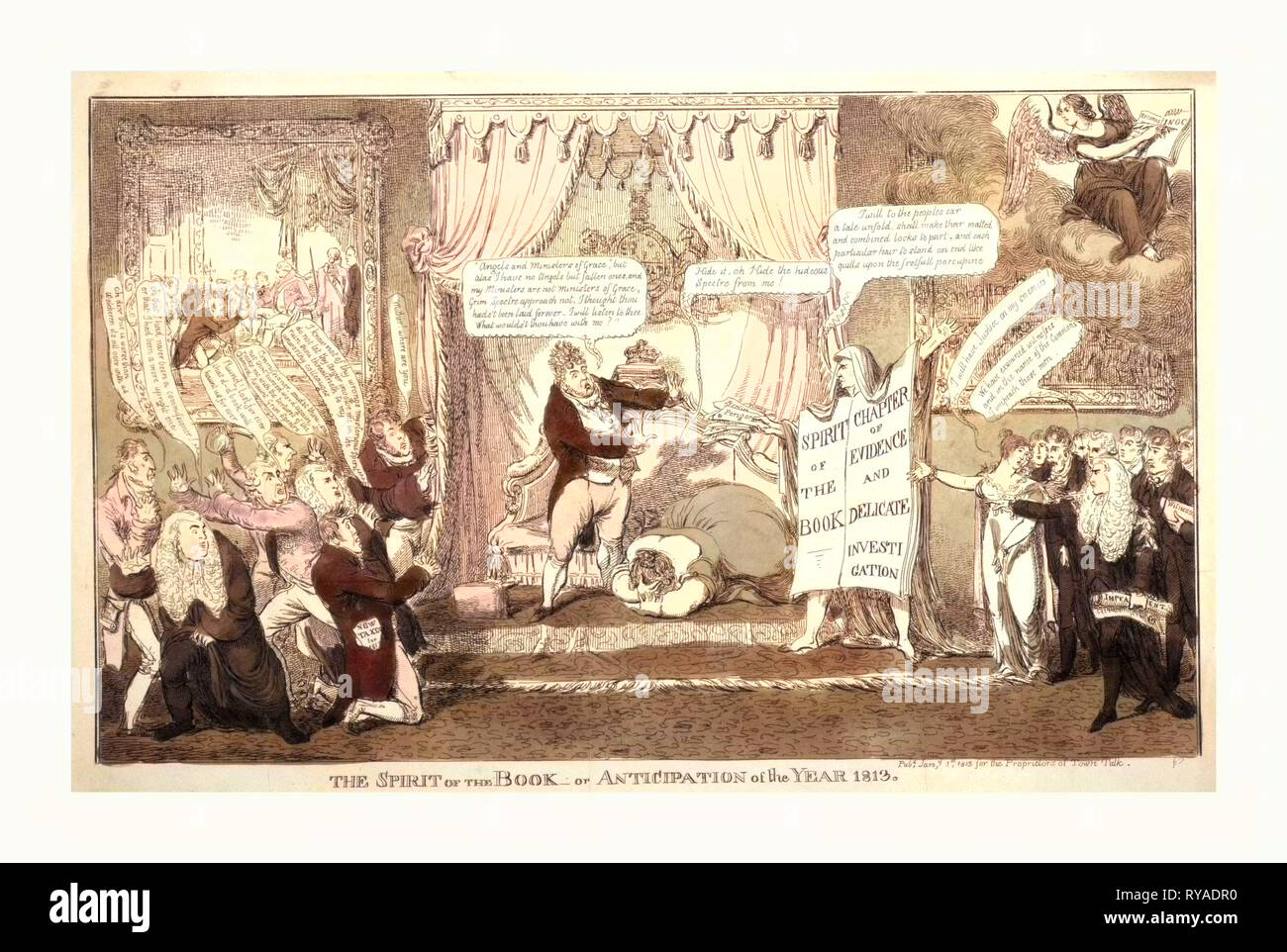 L'esprit du Livre -ou de prévision de l'année 1813, une satire de la dans l'attente de la publication du livre dans le cadre d'une campagne d'attaquer le régent par l'intermédiaire de sa femme, montrant une silhouette, drapée de blanc, les bras étendus sur les pages ouvertes d'un énorme livre. Il se tient au pied du Trône, d'où Double Lady Hertford a jeté elle-même, elle se trouve face vers le bas sur l'estrade, de mettre la main pour écarter l'Effroi Apparition. Lord Liverpool, en face, est à genoux. Lord Ellenborough Flinches à gauche Banque D'Images