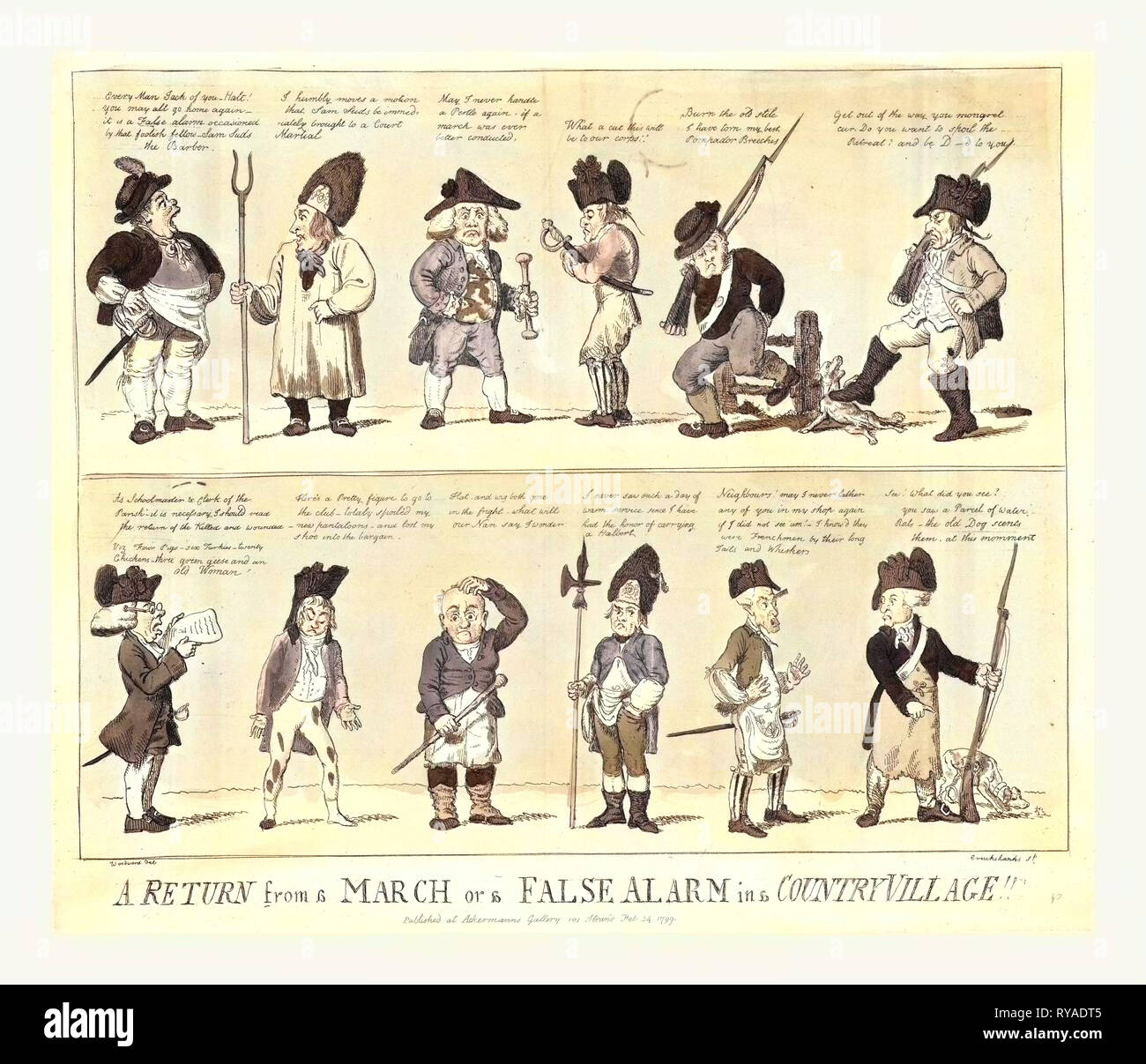 Un retour d'une marche ou d'une fausse alarme dans un village de campagne, gravure 1799, un groupe de citoyens britanniques se rassemble en réponse à une alarme que les Français étaient en train d'attaquer l'Angleterre qui s'est révélé être faux, ils se plaignent de Sale, déchiré ou perdu des vêtements, et on lit la liste des tués et blessés qui comprend plusieurs porcs, volaille, et une vieille femme Banque D'Images