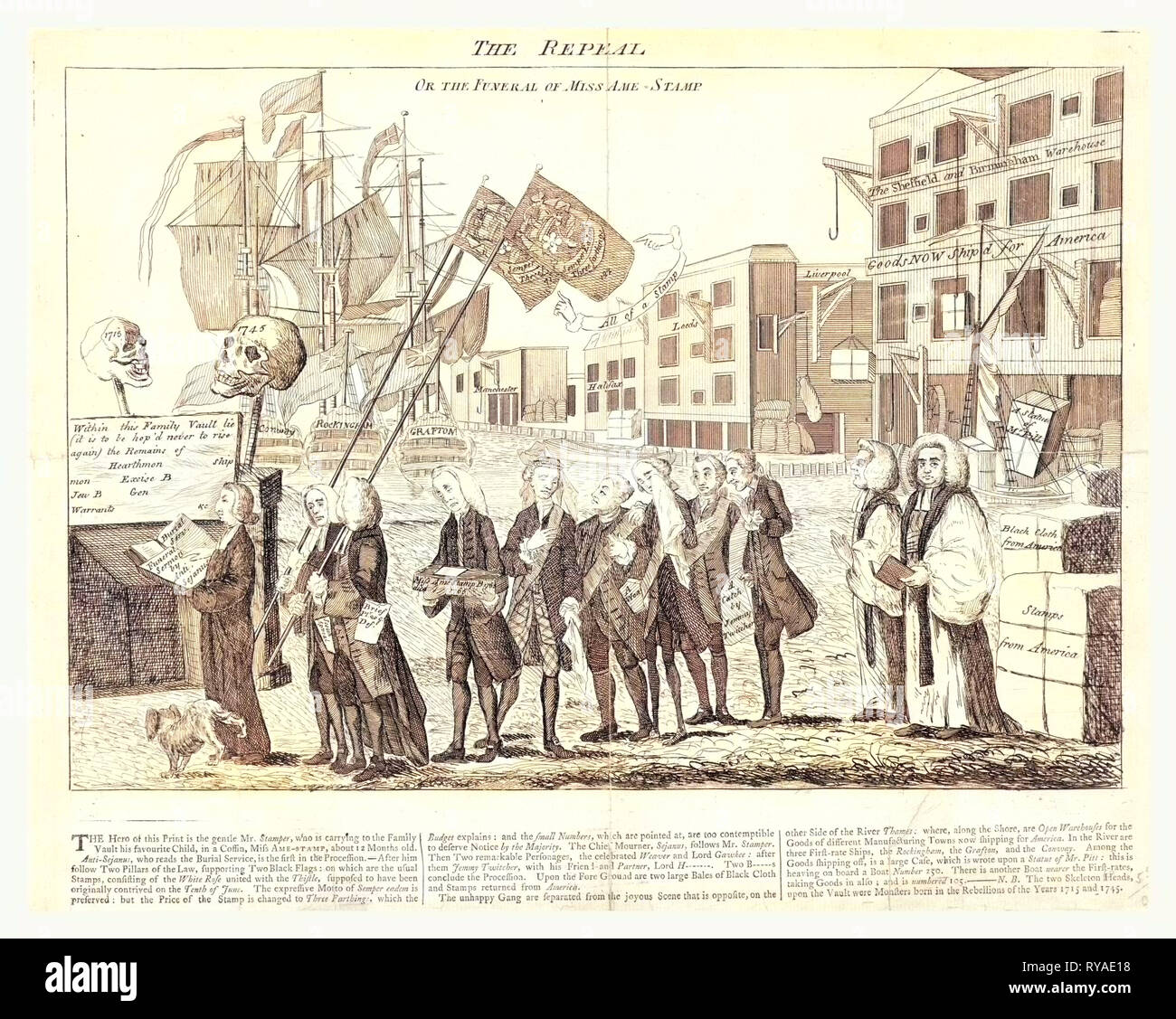 L'abrogation, ou l'Enterrement de Mlle Ame =Stamp, en gravure sanguine montre une satire populaire commentant le Stamp Act.Les partisans de la loi se réunissent à un quai pour le transport d'un petit cercueil contenant les restes de la Loi vers une banque d'ouvrir.menant la procession et prépare à livrer l'éloge funèbre est le révérend W. Scott, qui est suivi par Grenville (transportant le cercueil), Bute, Bedford, et du Temple, qui étaient parmi les responsables de l'adoption de la Loi.quantités de cargaisons non expédié à destination de l'Amérique ont accumulés sur le Dock pendant le temps que la loi était en vigueur Banque D'Images